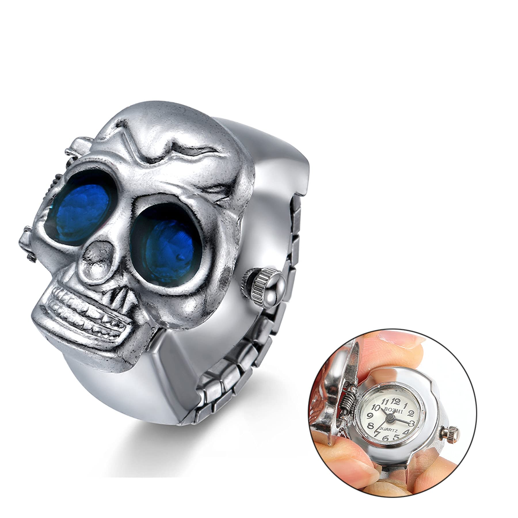JewelryWe Mężczyźni kobiety zegarek na palec punk czaszka otwierana pokrywa kwarcowy analogowy regulowany pierścień zegarki na Halloween