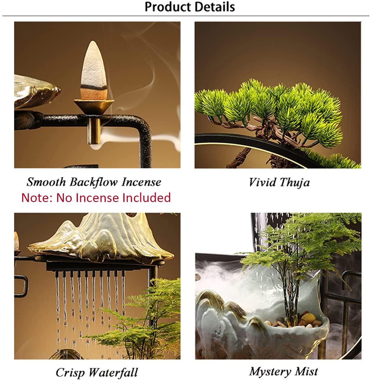 Fontaine à eau zen d'intérieur avec lumière LED et brume pour la méditation, décoration Feng Shui avec fausses plantes pour la détente à la maison