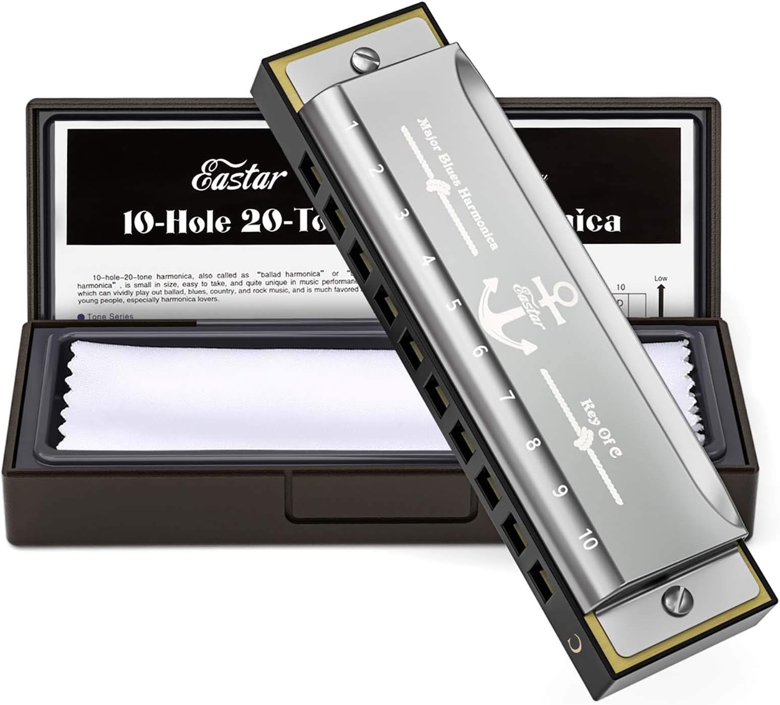 Eastar Major Blues Diatonic Harmonica 10 Holes C Key Beginner Harmonica For Kid and Adult With Hard Case And Cloth