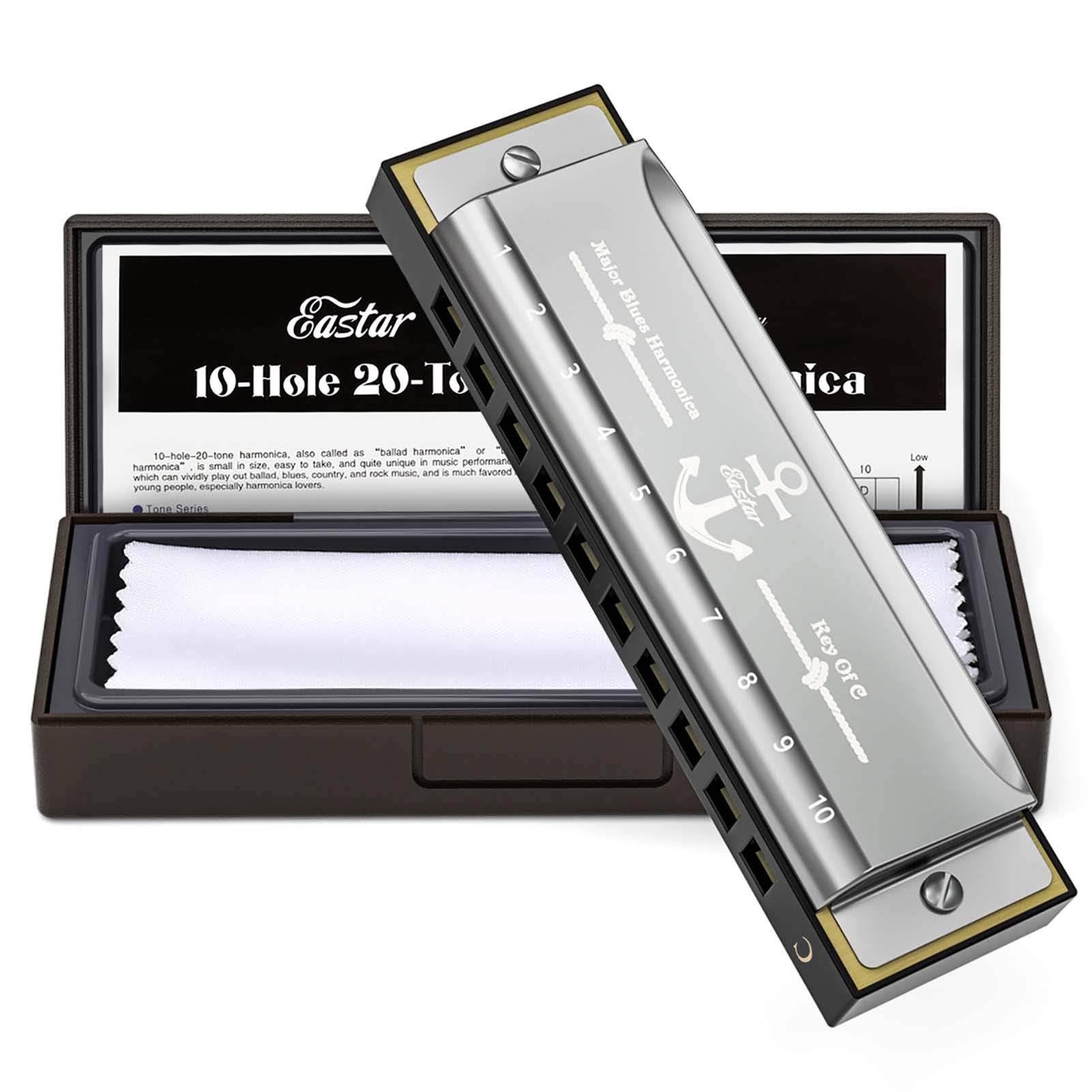 Eastar Major Blues Diatonic Harmonica 10 Holes C Key Beginner Harmonica For Kid and Adult With Hard Case And Cloth