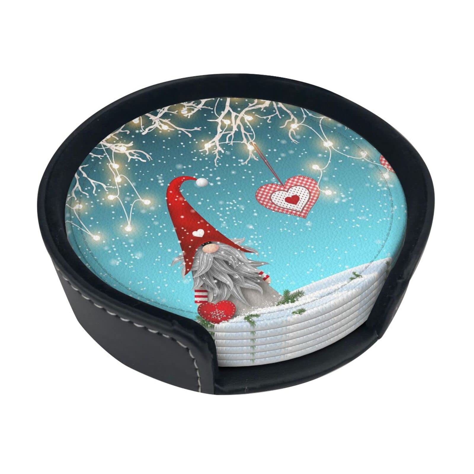 Coasters Set Of 6 Christmas Traditional Gnome Print Leather Coasters For Drinks,Home Décor And Housewarming Gift