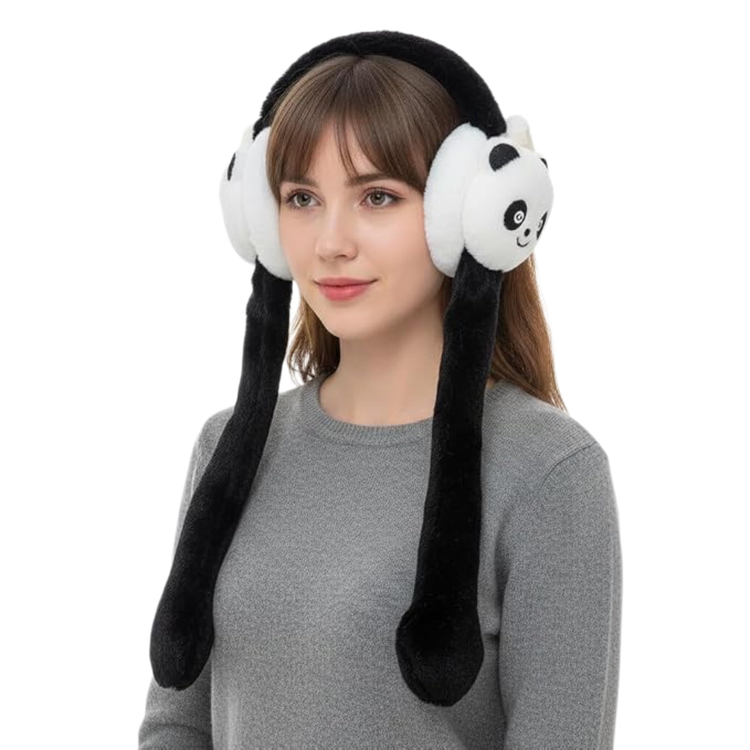 Cute Panda Winter Earmuffs for Women and Girls | Soft Plush Fur Ear Warmers for Winter Cold Weather, Stylish Playful Dangling Ear Flap Headwear-image-1