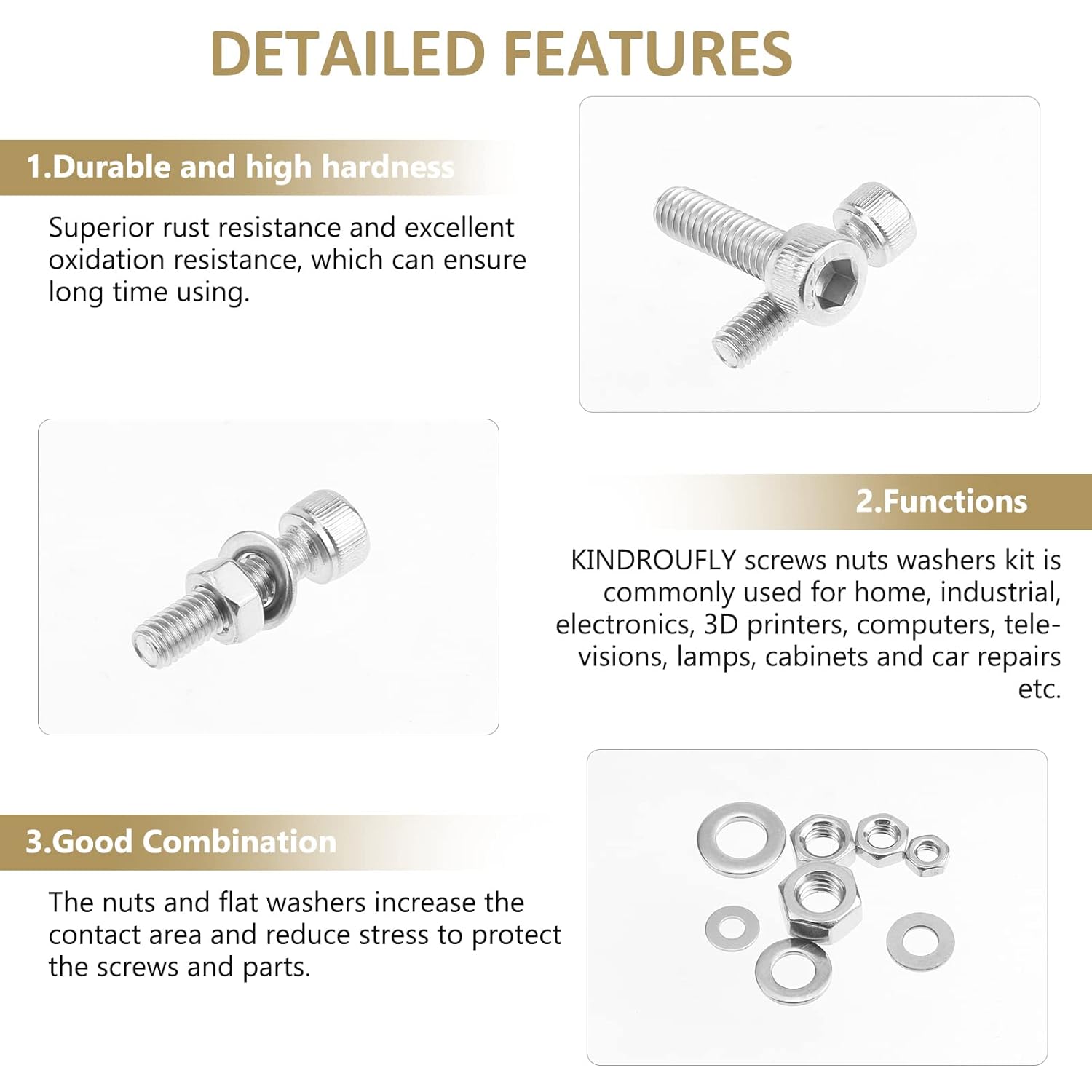 814 Pieces Socket Head Cap Screws Nuts Washers Kit, Kindroufly M3 M4 M5 M6 Screw Assortment Kit, Metric Screw Set, Bolts and Nuts, Machine Screws, 304 Stainless Steel, Fully Machine Thread