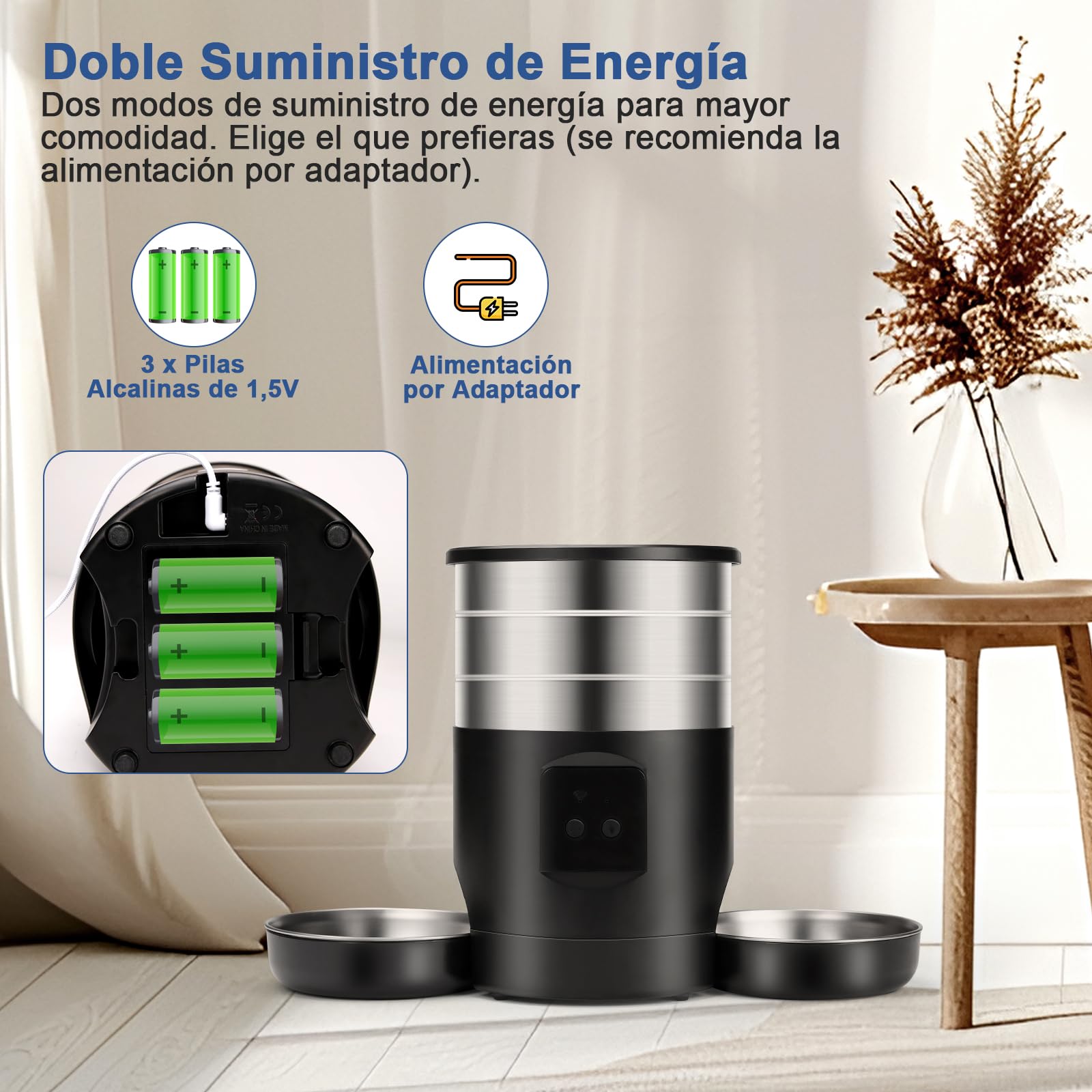 5L Comedero Gato Automatico 2 Tazones para Gatos Perros, 2.4G WiFi Acero Inoxidable Diseño Antiobstrucción Temporizador 24h 10 Comidas por Día 1-40 Porciones, Dispensador Automatico Perro Gato