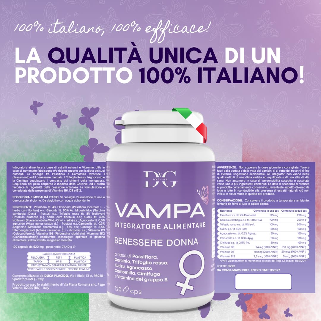 Agnocasto Integratore Menopausa con Trifoglio Rosso Garcinia Cambogia Kudzu Cimicifuga per Controllo Vampate di Calore Peso e Umore con 3 Vitamine 100% Naturale Made in Italy 120 CPS
