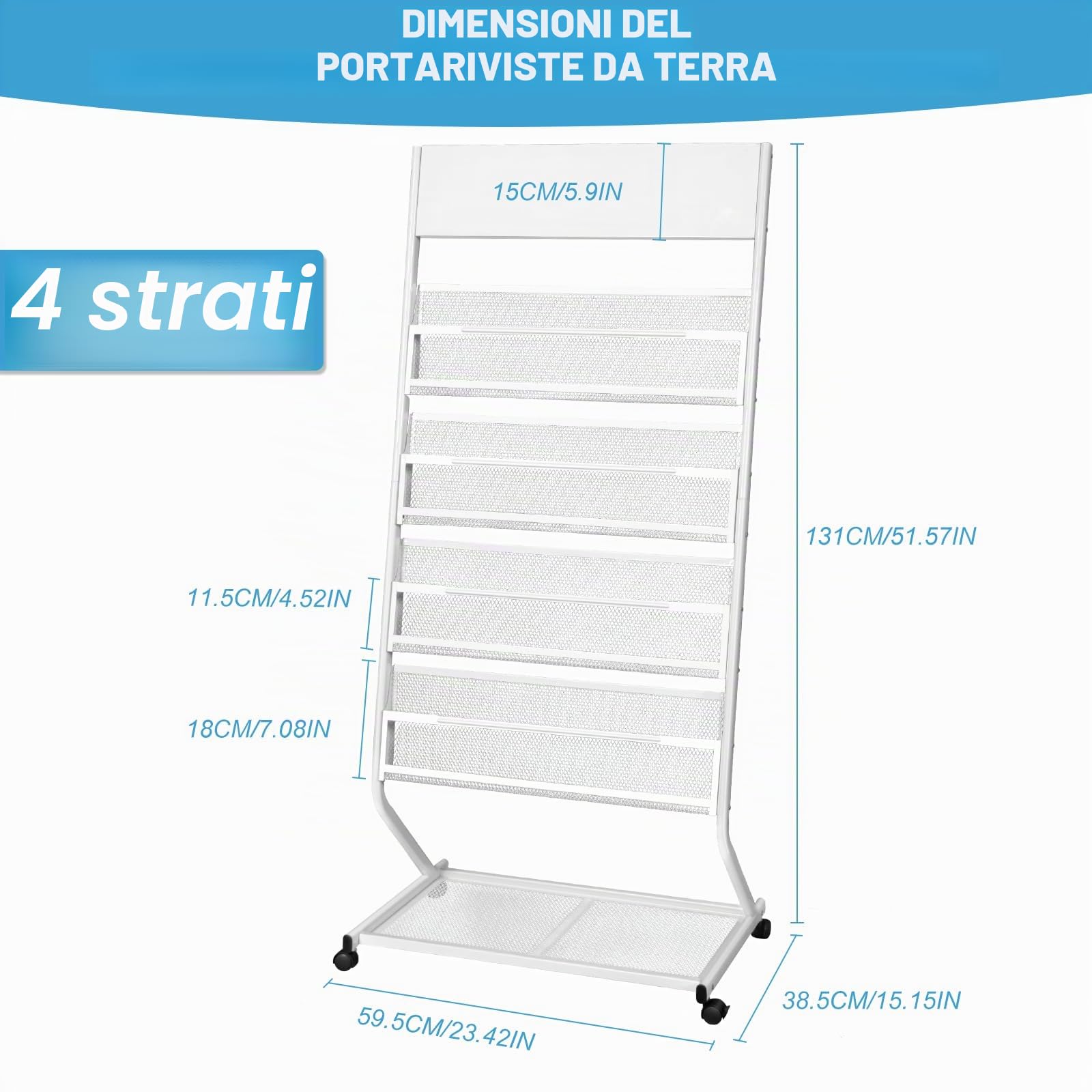 SUNDOY - Portabrochure e porta giornali da terra, espositore inclinato per libri, supporto per scorrimento di letteratura per brochure e riviste con 4 ripiani (Bianco, 4 strati, 59,5 cm di larghezza)