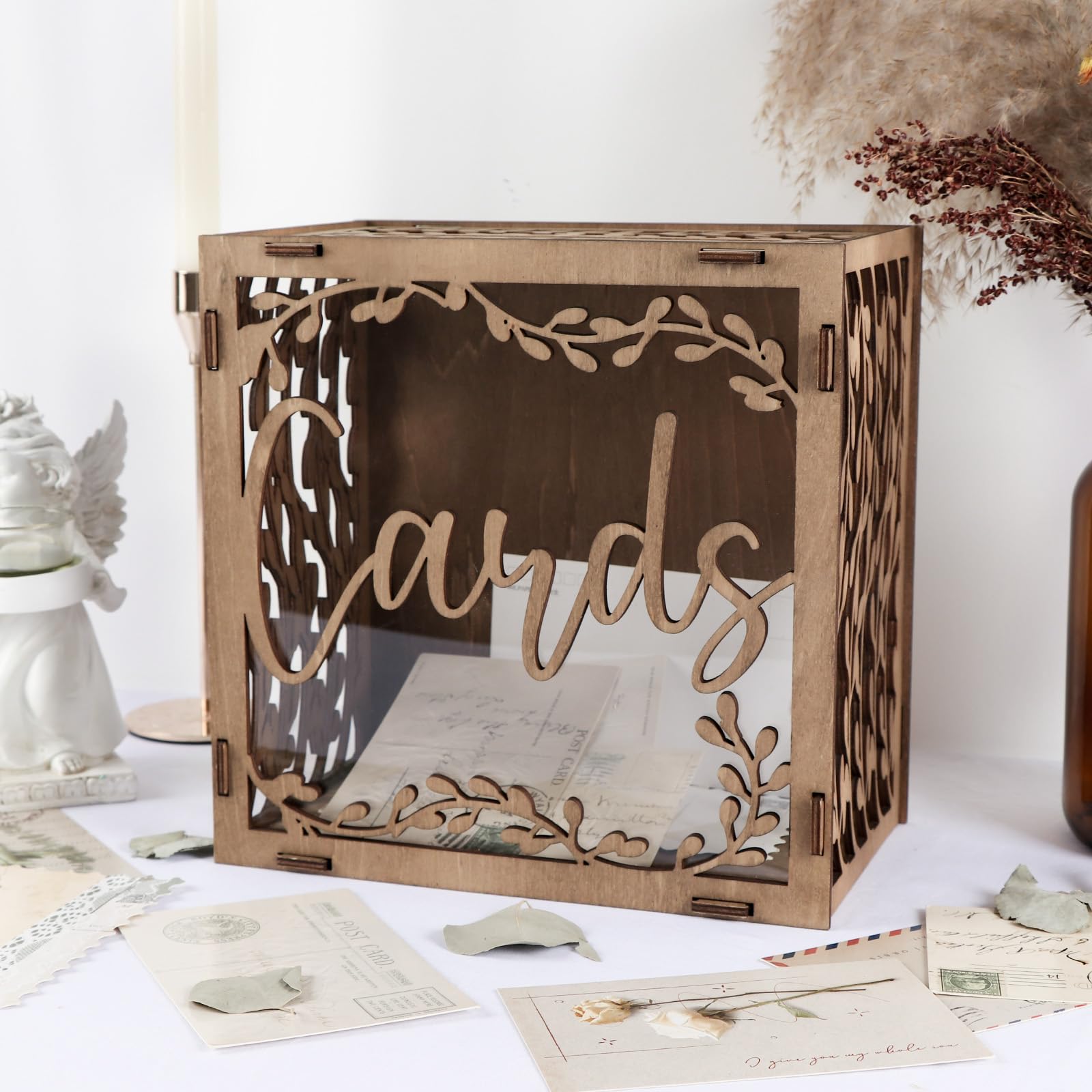 OurWarm Wedding Card Box for Reception, Wooden Gift Box Card Holder with Acrylic Window, Vintage Envelope Money Box for Rustic Wedding Graduation Party Birthday Baby Shower Decorations