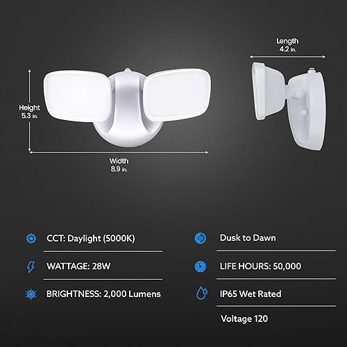 Miniatura 3 de Feit Electric Luz LED de seguridad para exteriores, luz de inundación LED impermeable de 28 W, 2 cabezales, montaje en pared, funciona con