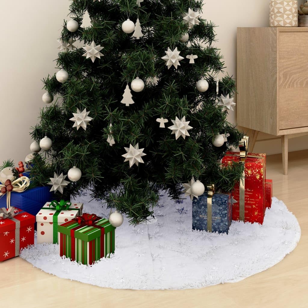 Jupe de sapin de Noël de luxe blanche 90 cm en fausse fourrure avec broderie flocons de neige, couverture de sapin de Noël, protection de sol, décoration de Noël, l'avent, décoration de salon