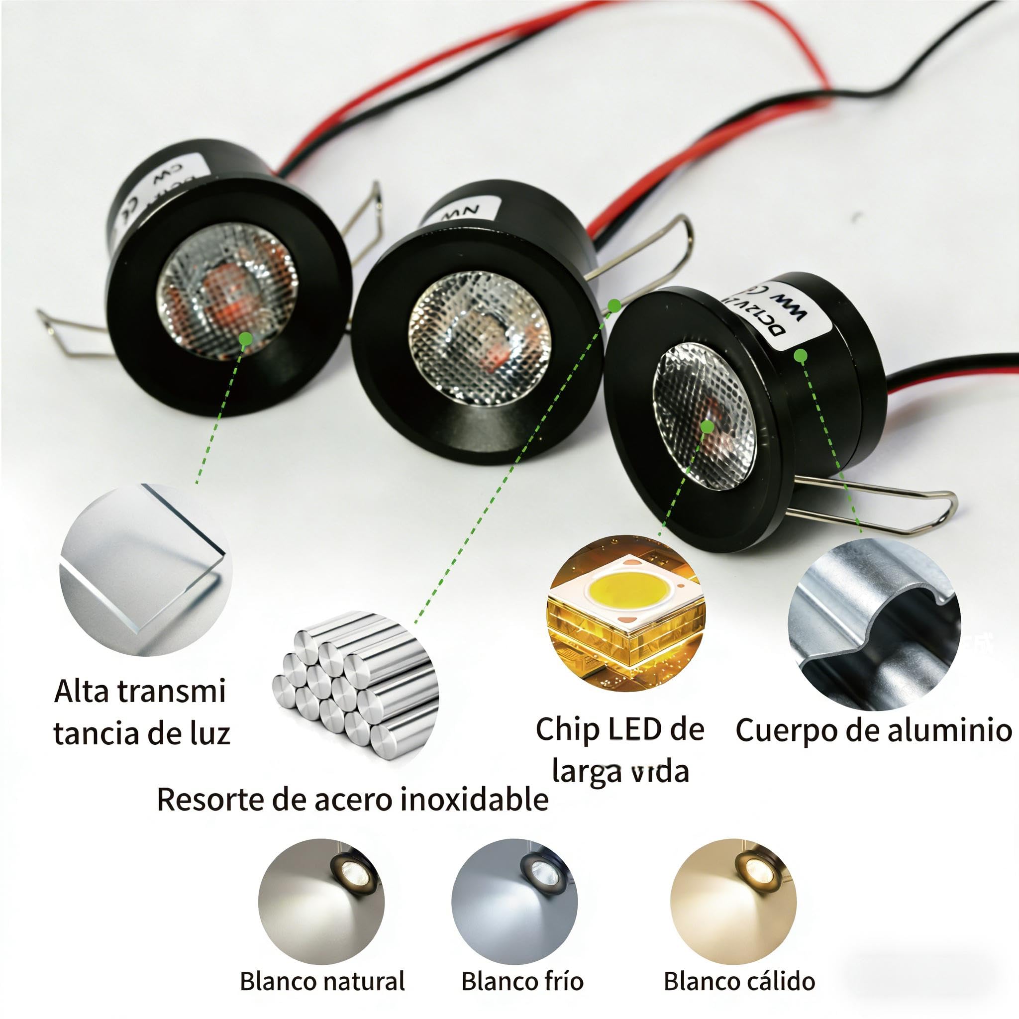 Mini Focos LED 2W 6uds DC 12V, IP65 Impermeable Foco Pequeño Empotrable Techo, 25mm Iluminación DIY para Muebles Cuadros Paredes Cocina Escaleras Vitrinas Pasillos (Negro Blanco Cálido)