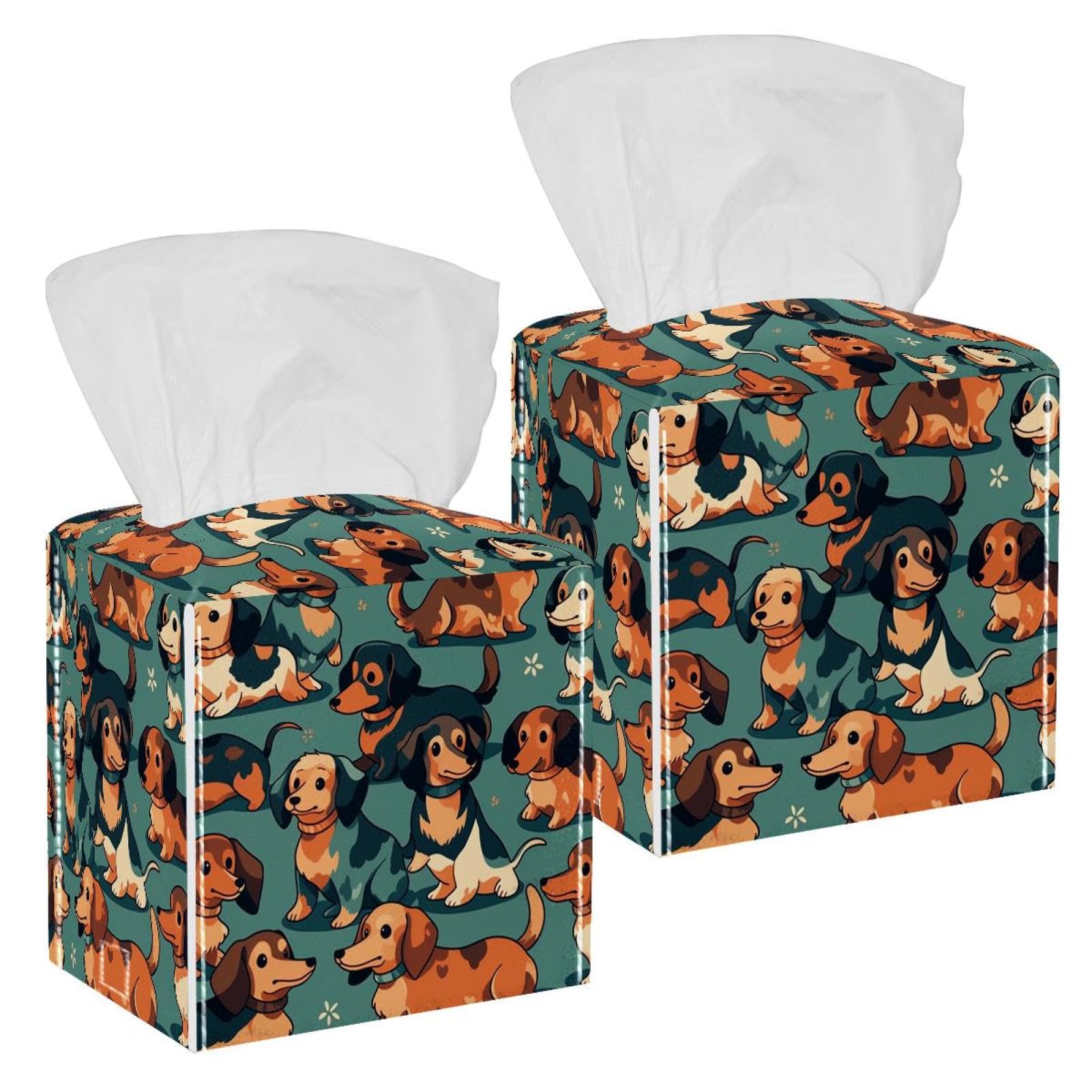 Cartoon Dog Tissue Box Cover, 2 Pack PU Leather Square Facial Tissue Dispenser Box holder for Home Office Car