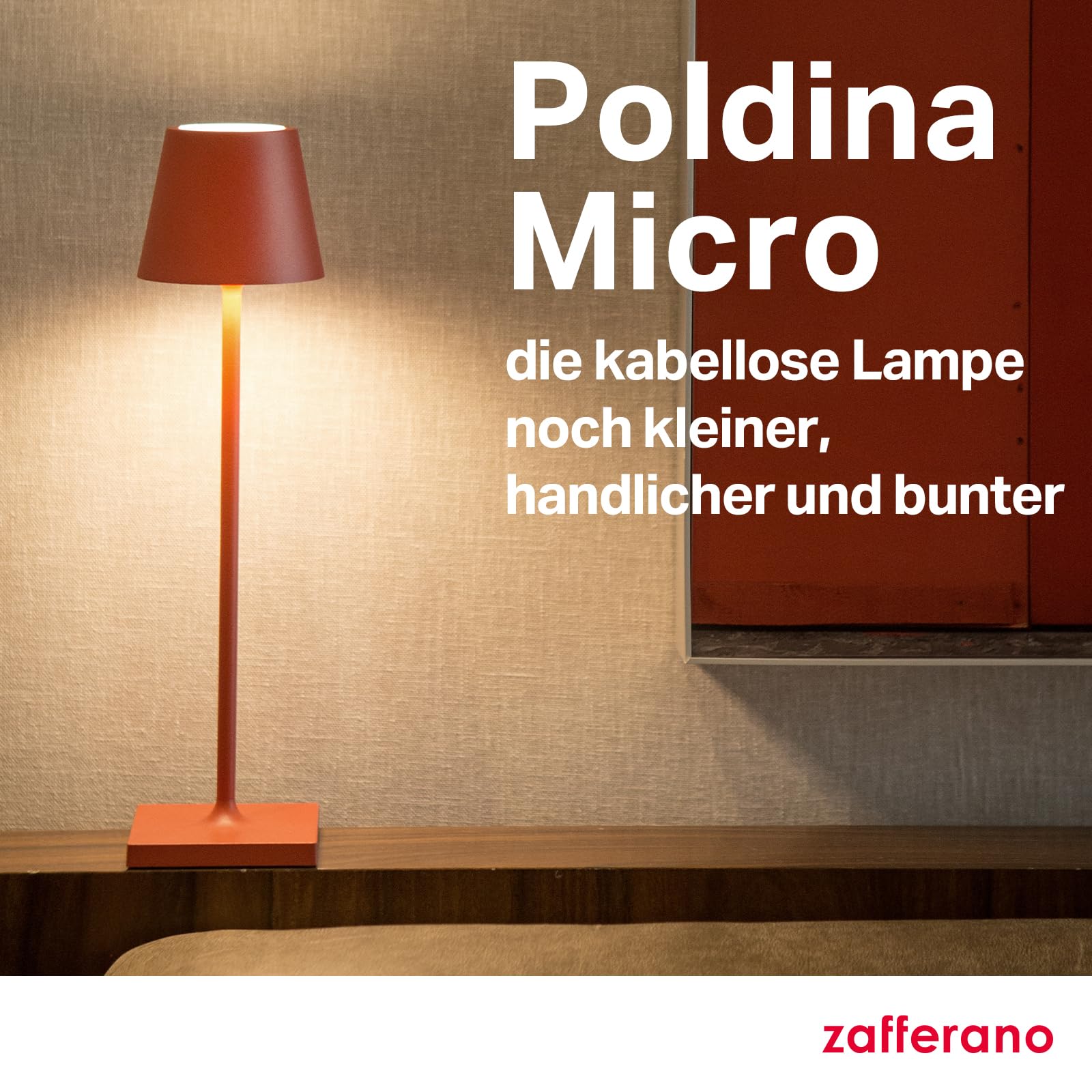 Zafferano, Poldina Micro Lampe, Kabellose, Wiederaufladbare Tischlampe mit Touch Control, Geeignet für Wohnzimmer und Außenbereich, Dimmer, 2200-3000 K, Höhe 27,5 cm, Farbe Rot