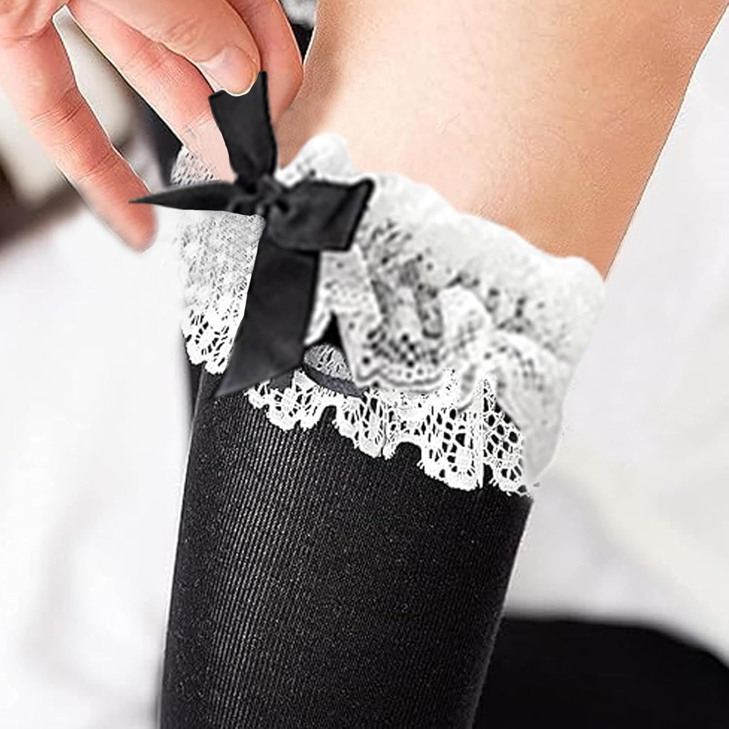 2 Pack Girls Knee High Socks Bow,Calf Socks Bow,Cotton Lace Ruffle Girls Sock,White long Lolita Frilly Lace Ruffle Trim Sock for Costume Cosplay Dating Dance - Image 2