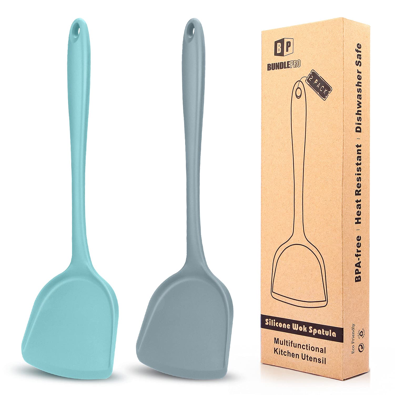 BUNDLEPRO Pack of 2 Silicone Wok Spatulas, Non Stick Heat Resistant Spatula Set, Kitchen Cooking Utensil for Frying, Flipping, Turning