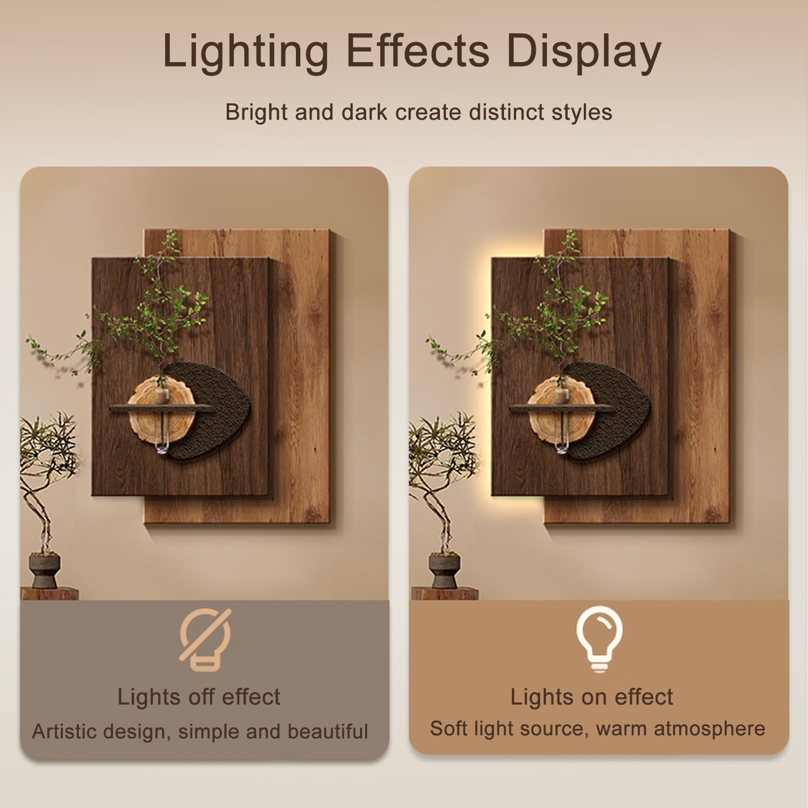 3d malowidła ścienne z kamionki, z oświetleniem LED, nowoczesne i realistyczne rzeźby roślin, idealne do sypialni salonowych (brązowy 1,65 x 80 cm/25,5 * 31,4 cala)