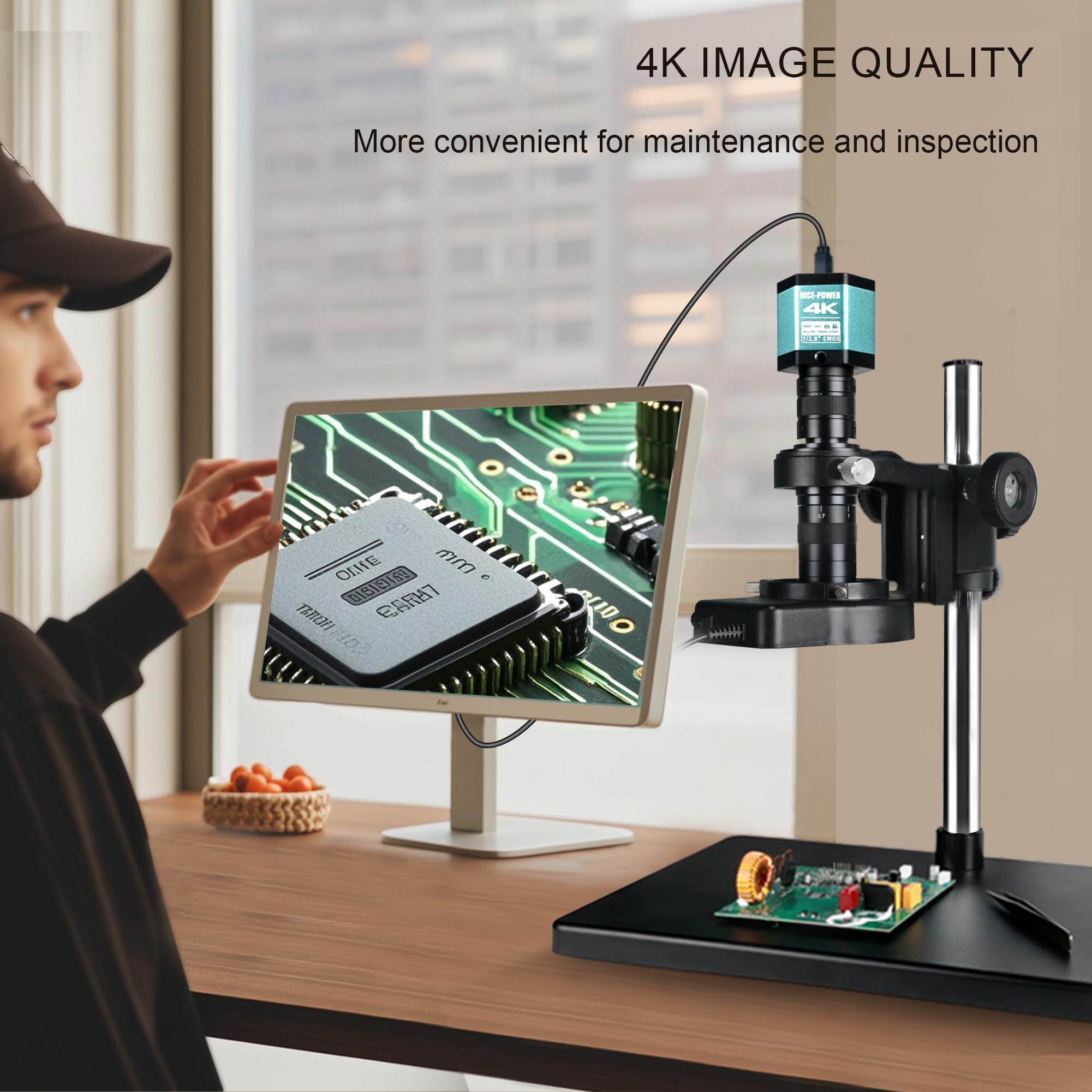NICE-POWER Duży stabilny stojak na mikroskop cyfrowy, jakość 4K HD, mikroskop przemysłowy typu C/HDMI z obiektywem 150X HD, regulowane oświetlenie pierścieniowe do naprawy elektroniki itp