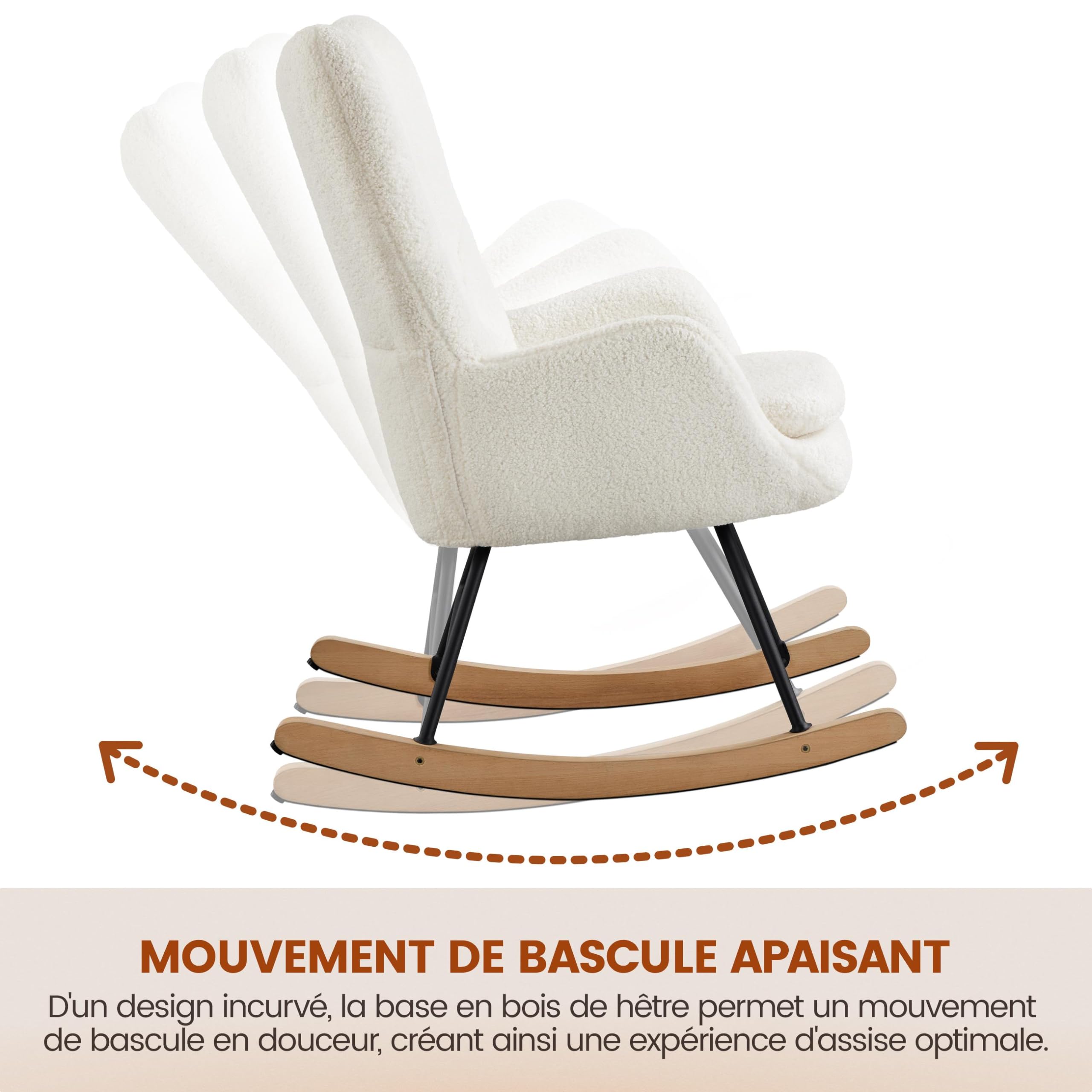 Yaheetech Fauteuil à Bascule Scandinave en Tissu Bouclé Rocking Chair à Haut Dossier Fauteuil Allaitement avec Pieds en Bois Massif Chaise d'appoint pour Salon Chambre Appartement Ivoire/1