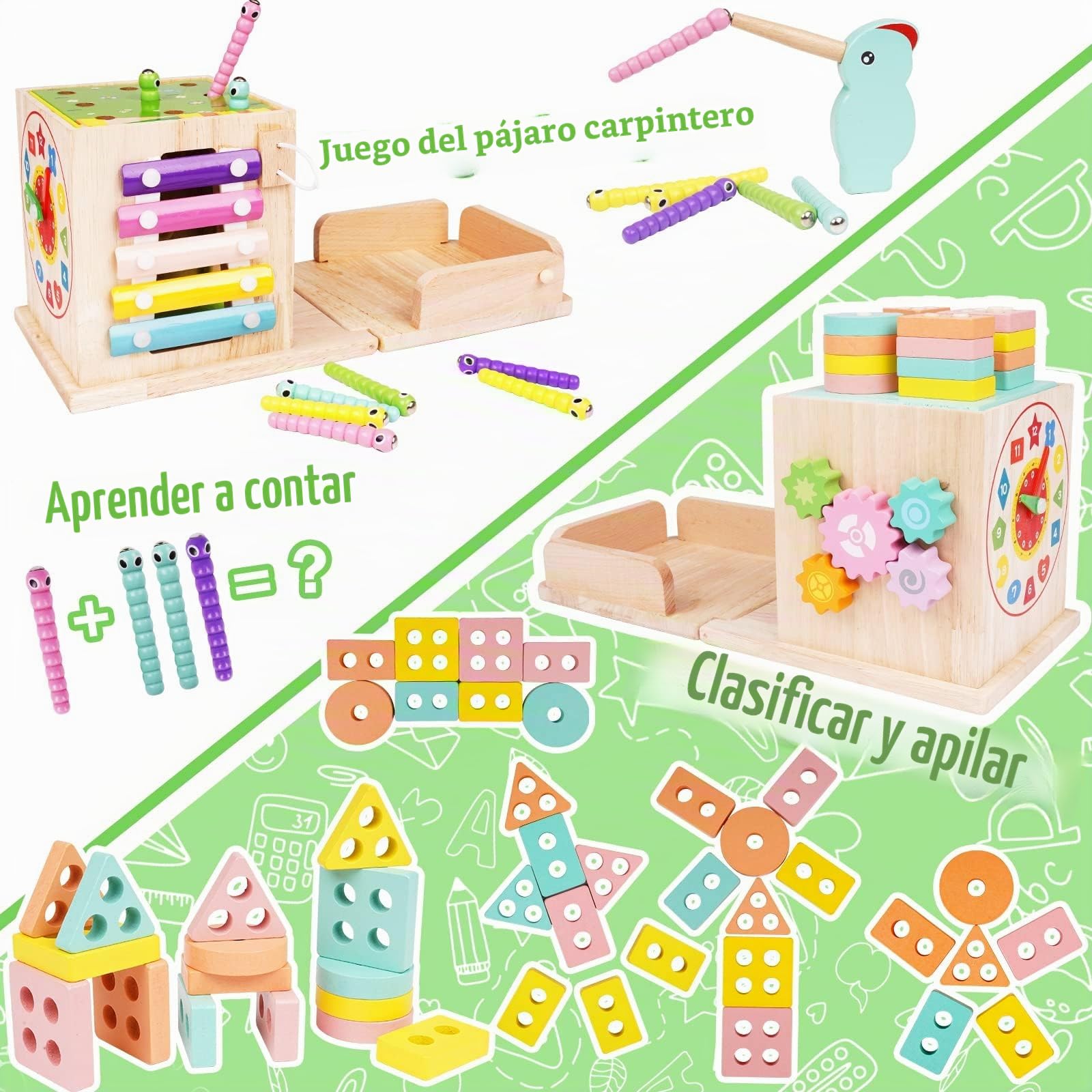 Cubo de Habilidades Motoras de Madera,9 en 1 Cubo de Actividades ,Juguetes Madera Bebe Con Recoger Zanahorias, Juego de Pelota,Pescar,Clasificar y Apilar Juguetes,Juguete Montessori 2 3 4 5 años