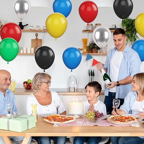 Miniatura 5 de Globos rojos, amarillos, azules y verdes, 60 globos de fiesta de 12 pulgadas, color rojo, amarillo, azul, verde, negro, globos de látex metálicos
