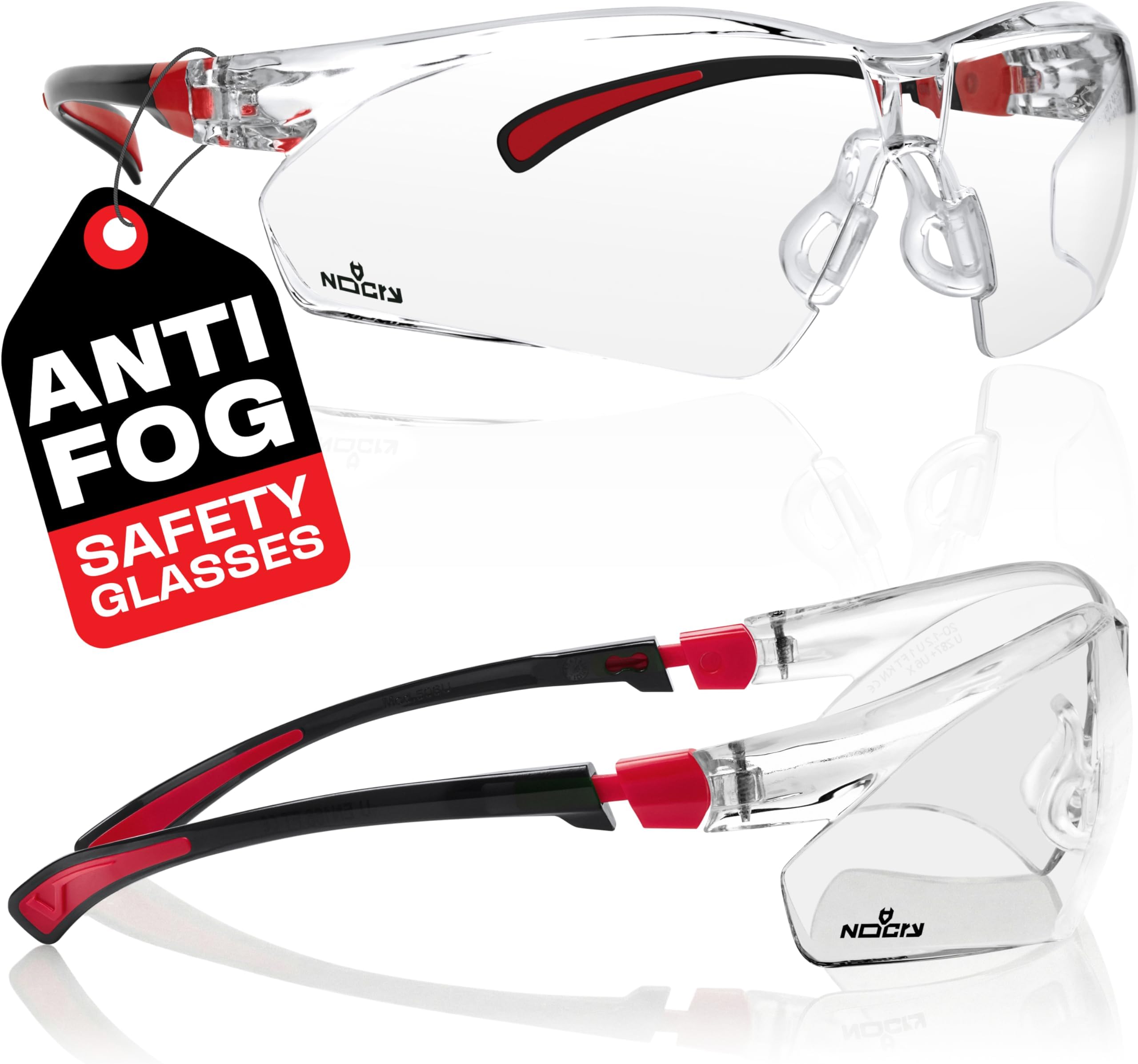 NoCry Safety Glasses with Clear Anti Fog Scratch Resistant Wrap-Around Lenses and No-Slip Grips, UV Protection. Adjustable, Black & Red Frames