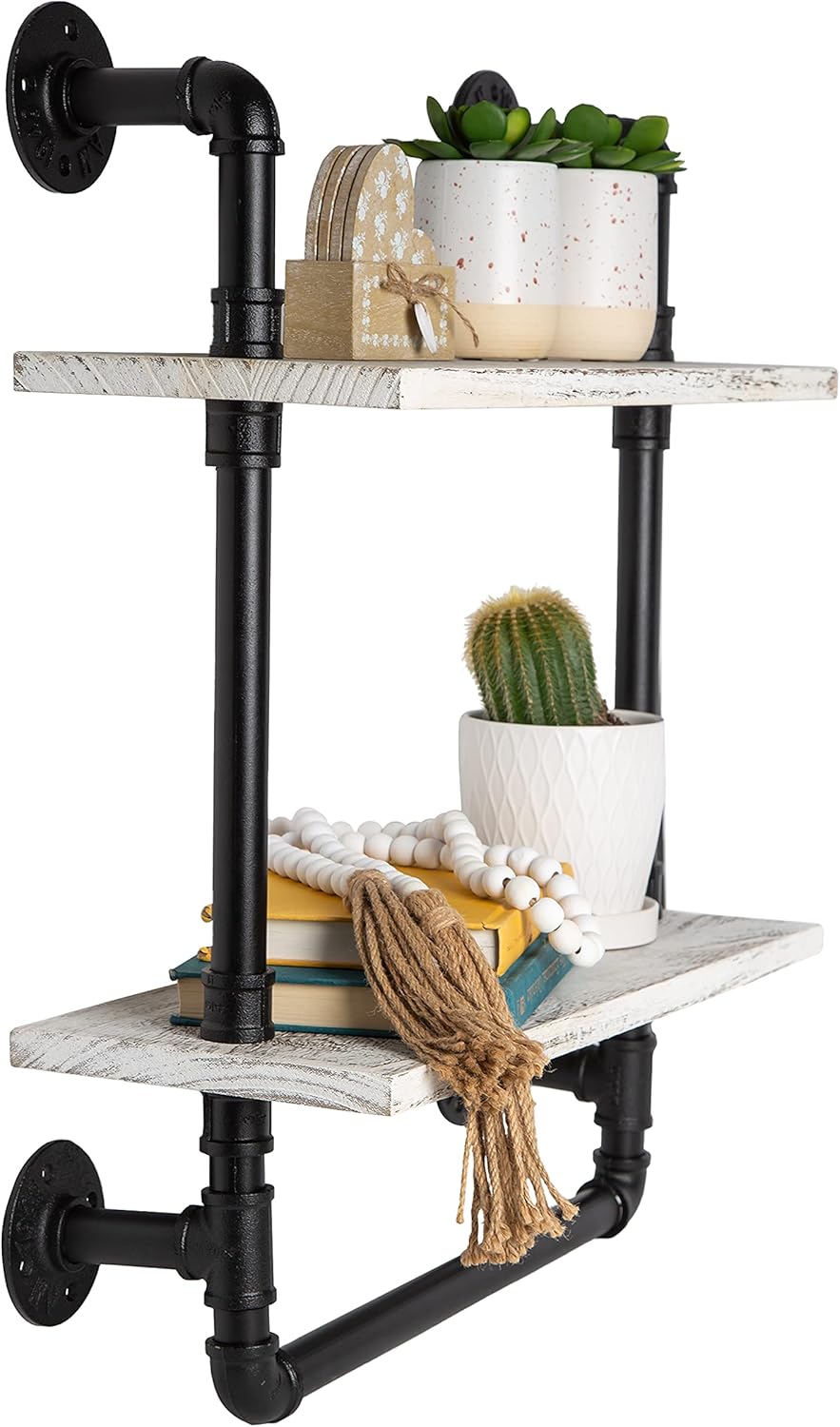🔥 Crazy Deals Industrial Bathroom Shelf w/ Pipe Towel Bar – Farmhouse Towel Rack Made of Paulownia Wood and Cast Iron, Pipe Rack in Black Matte – Wall Mount Hand Towel Holder for Rustic Décor w/ 2-Tier Shelf