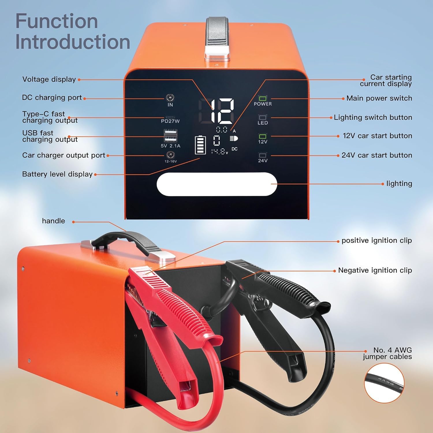 Avviatore di emergenza per camion, resistente, batteria da 18000 A 236,8 Wh adatto per motori diesel da 50 l, compatibile con avviatori di emergenza automobilistici da 12 V/24 V, può avviare veicoli