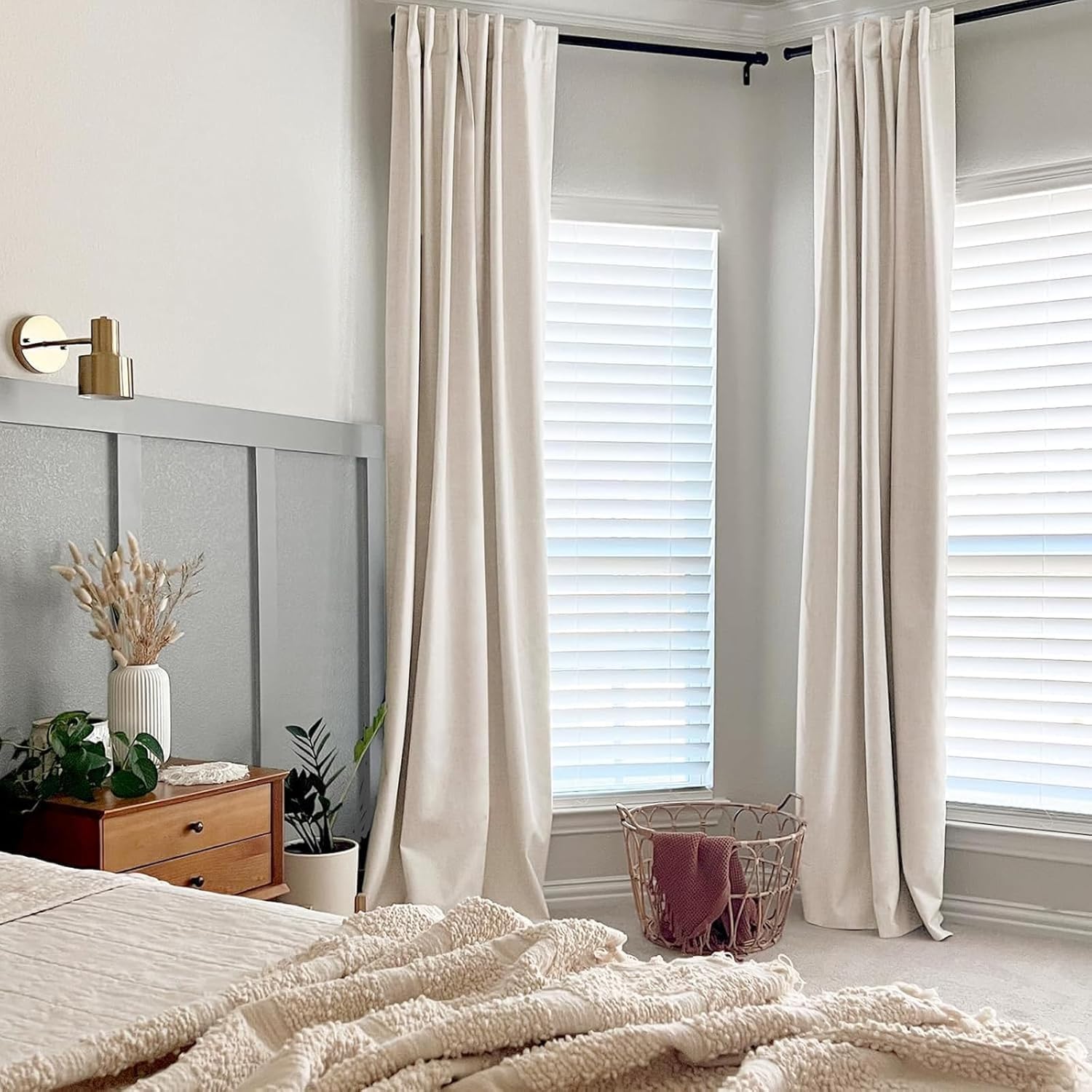 INOVADAY 100% Blackout Curtains for Bedroom, Thermal Black Out Curtains, Back Tab/Rod Pocket Linen Blackout Drapes, Room Darkening Drapes for Living Room, 52''W x 96''L, Buttercream