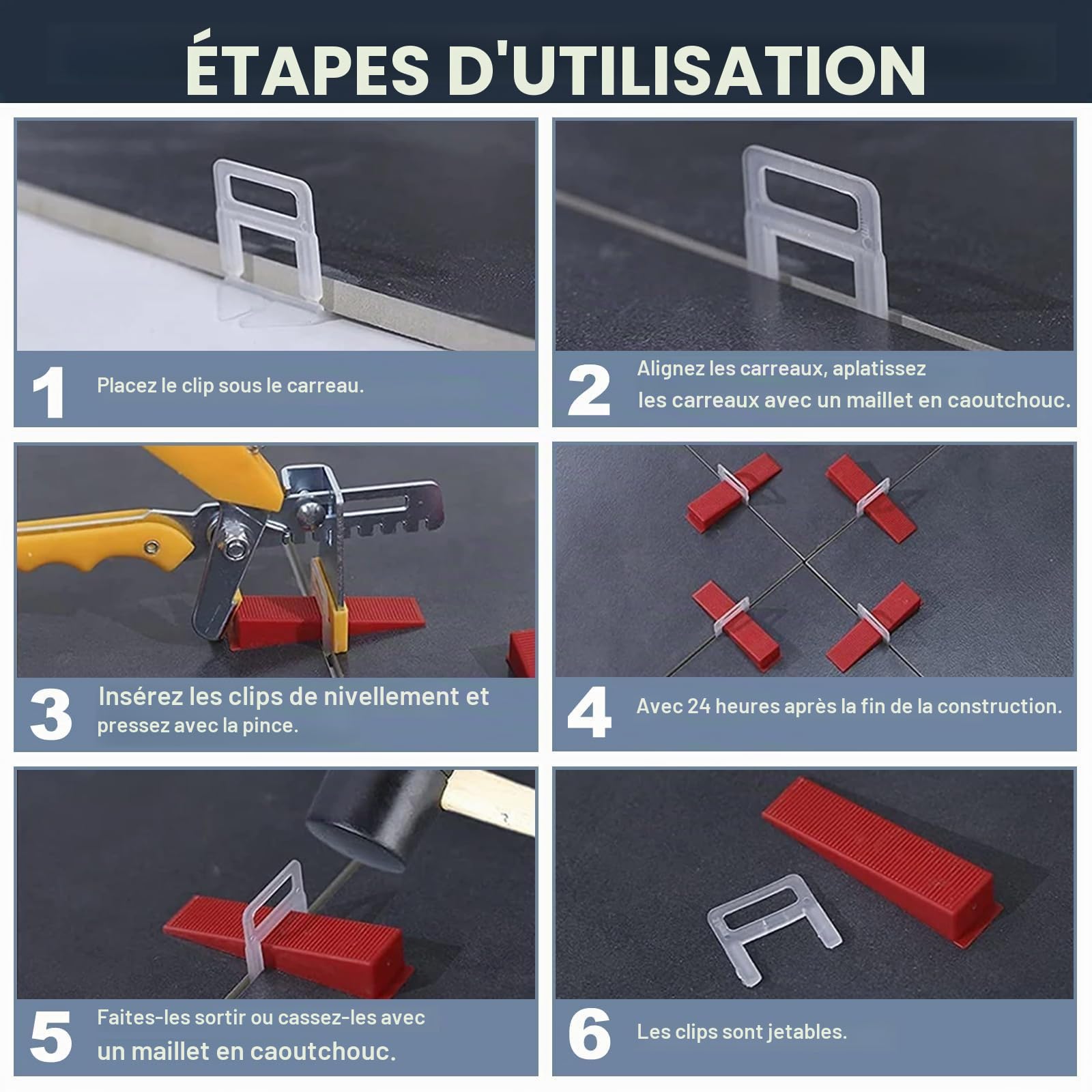 Système de Nivellement de Carrelage, Lot de 1000 Languettes de Traction, Largeur de Joint de 1,5 mm, Outil de Pose pour Carrelage de 3 à 15 mm de Hauteur, Aide à la Pose