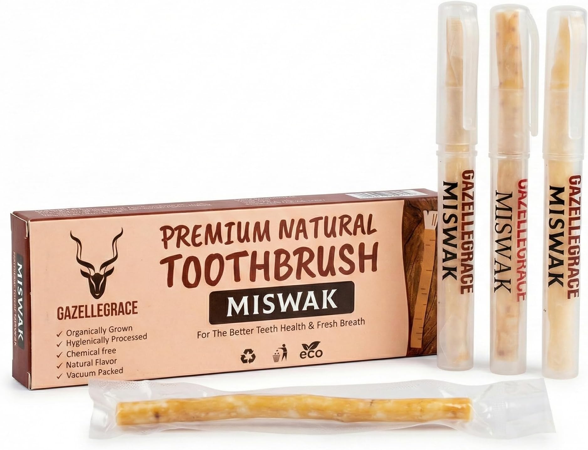 Miswak Stick for Teeth - Vacuum-Sealed Chewing Sticks, No Toothpaste Needed, Also Known as Siwak, Meswak, or مسواك | Pack of 3 Miswak Sticks with Holder