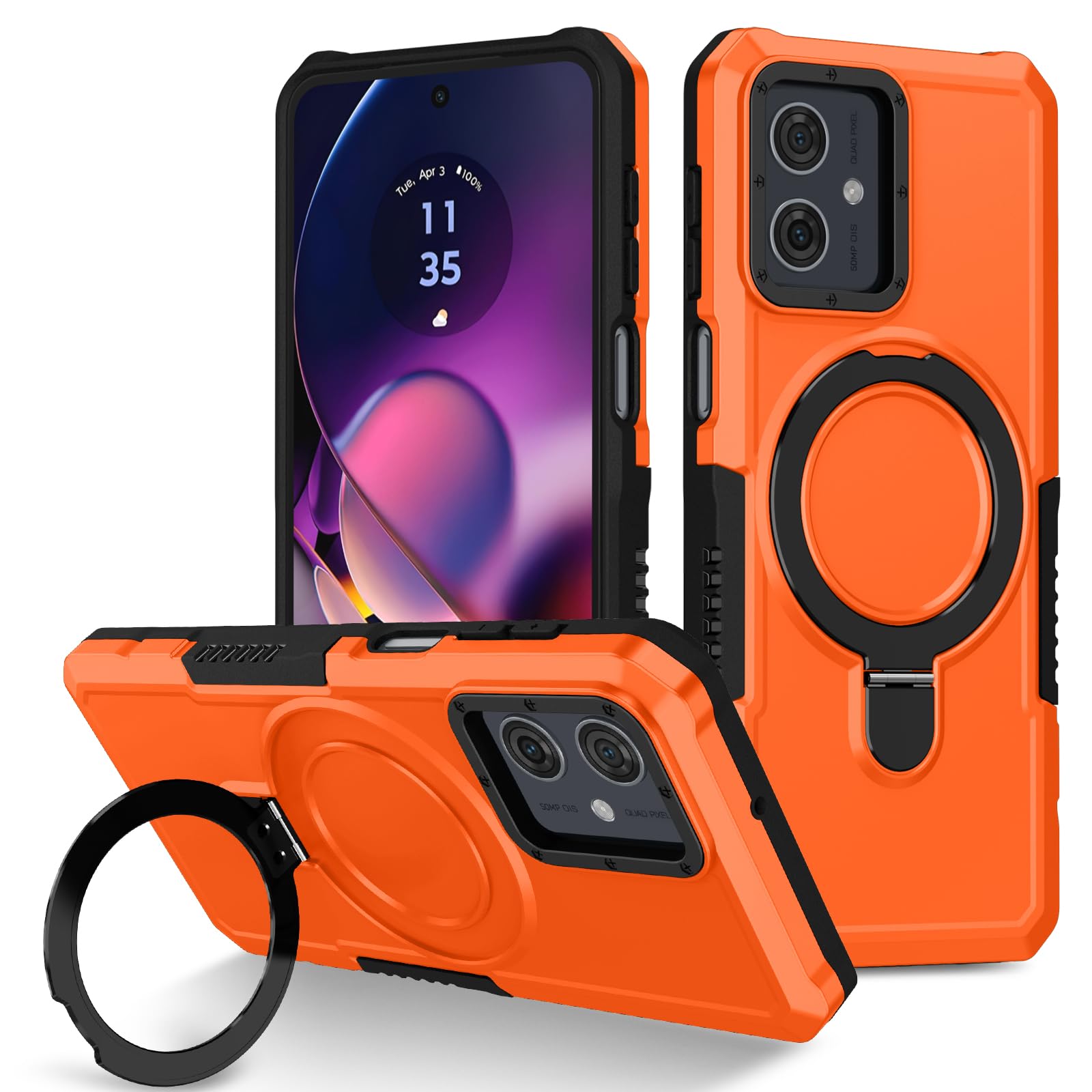 BIOPLJ Case for Motorola Moto G54 Heavy Duty Case with Tempered Glass Armor Shockproof Case 360 Ring Stand Camera Protector Case Motorola G54 Cover (Orange B)