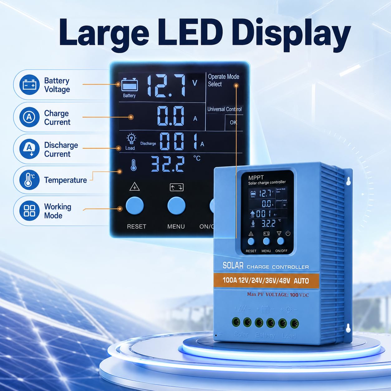 Regulador de carga solar MPPT de 100 A, 12 V, 24 V, 36 V, 48 V, LCD para baterías de plomo y litio | Detección automática de voltaje, circuitos de protección, montaje en pared compacto
