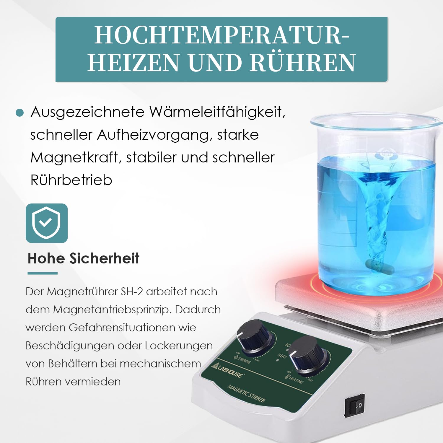 Magnetrührer Heizplatte, 300°C/572°F, 2000RPM, 2l | Platte bis 300°C, 4 PTFE-Rührstäbe & Sammler, Ständer, variabel, für Labor-Heizung & Mischung