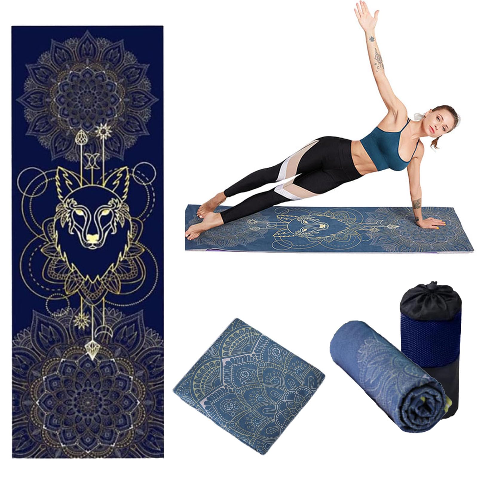 Oaygat Dark Blue-Flower Shape Yoga Towel Non Slip Hot Yoga Mat Towel Fitness Mat Towels With Corner Pocket Sweat Absorbent Yogas Blanket Pilates Fitness Yogas Gym Mats Towels Hot Yoga Mats Cloth With Mesh Carrying Bag