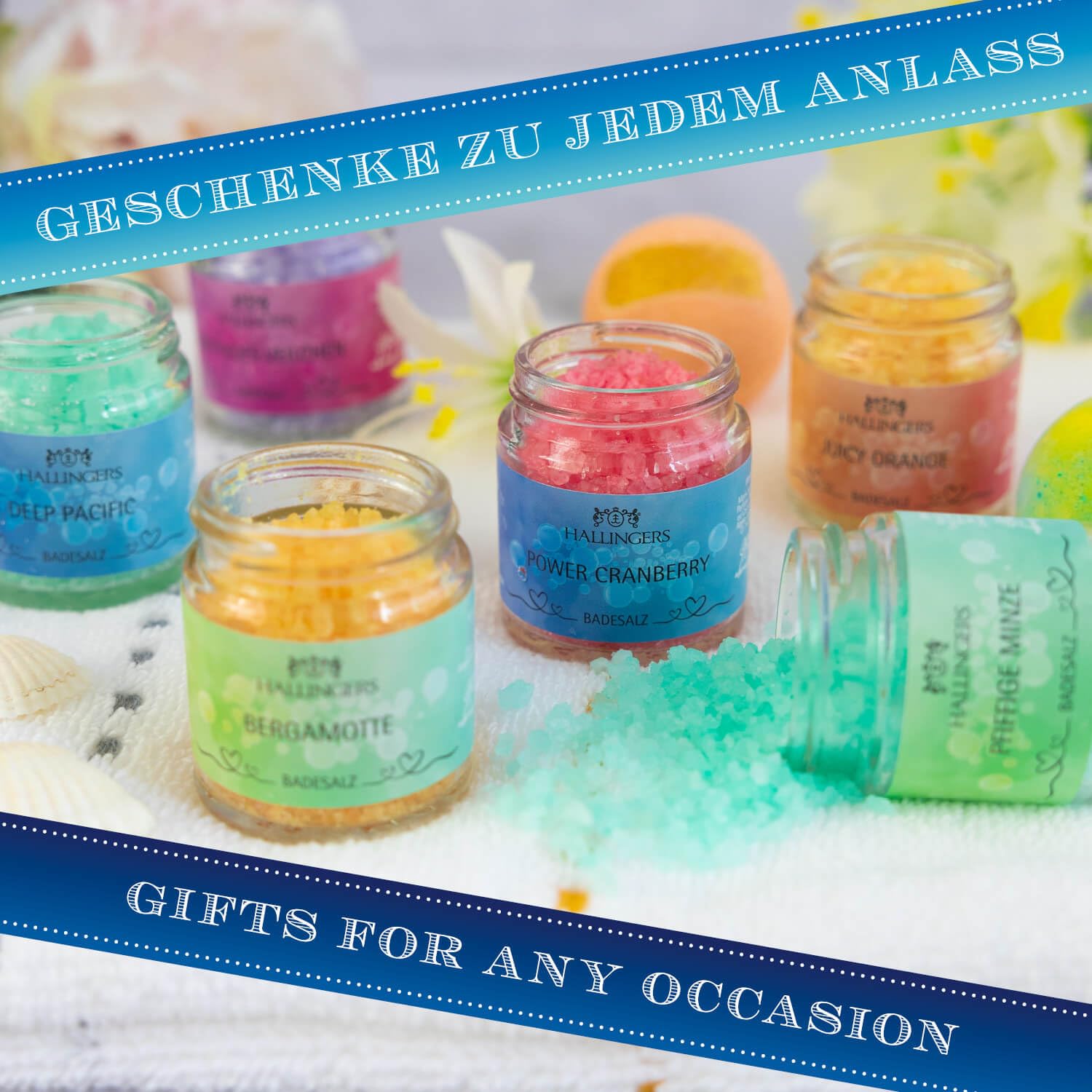 Hallingers Genuss Manufaktur Badesalze Weihnachts-Geschenk-Set - 12x Badezusatz mit Totes Meer Badesalz edle Geschenkbox, Badekristalle Fußbad & Spa "Besinnliche Wei...", Weihnachten für Frauen Männer