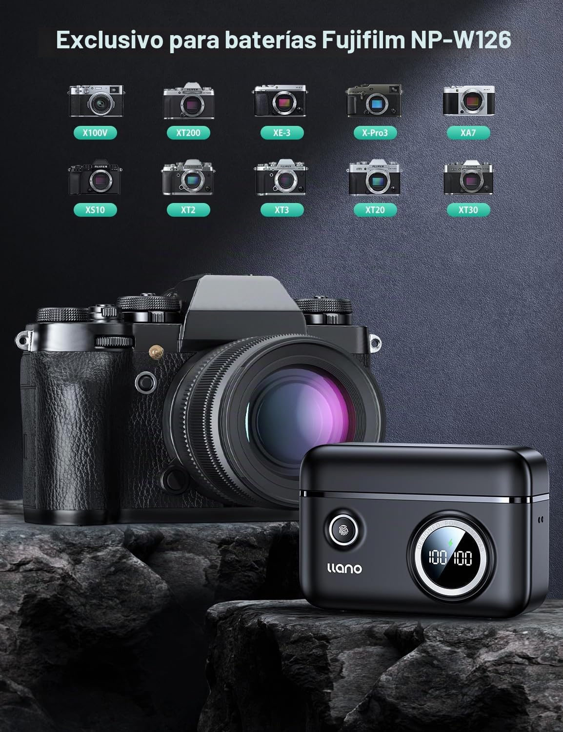 llano Batería NP-W126S y Cargador, Compatible con Fujifilm X100VI, X100V, X100F, X-M5, X-T30 III, X-T50, X-T3, X-T2, X-E5, X-A7, Pantalla Digital Inteligente, Doble USB C de 18W