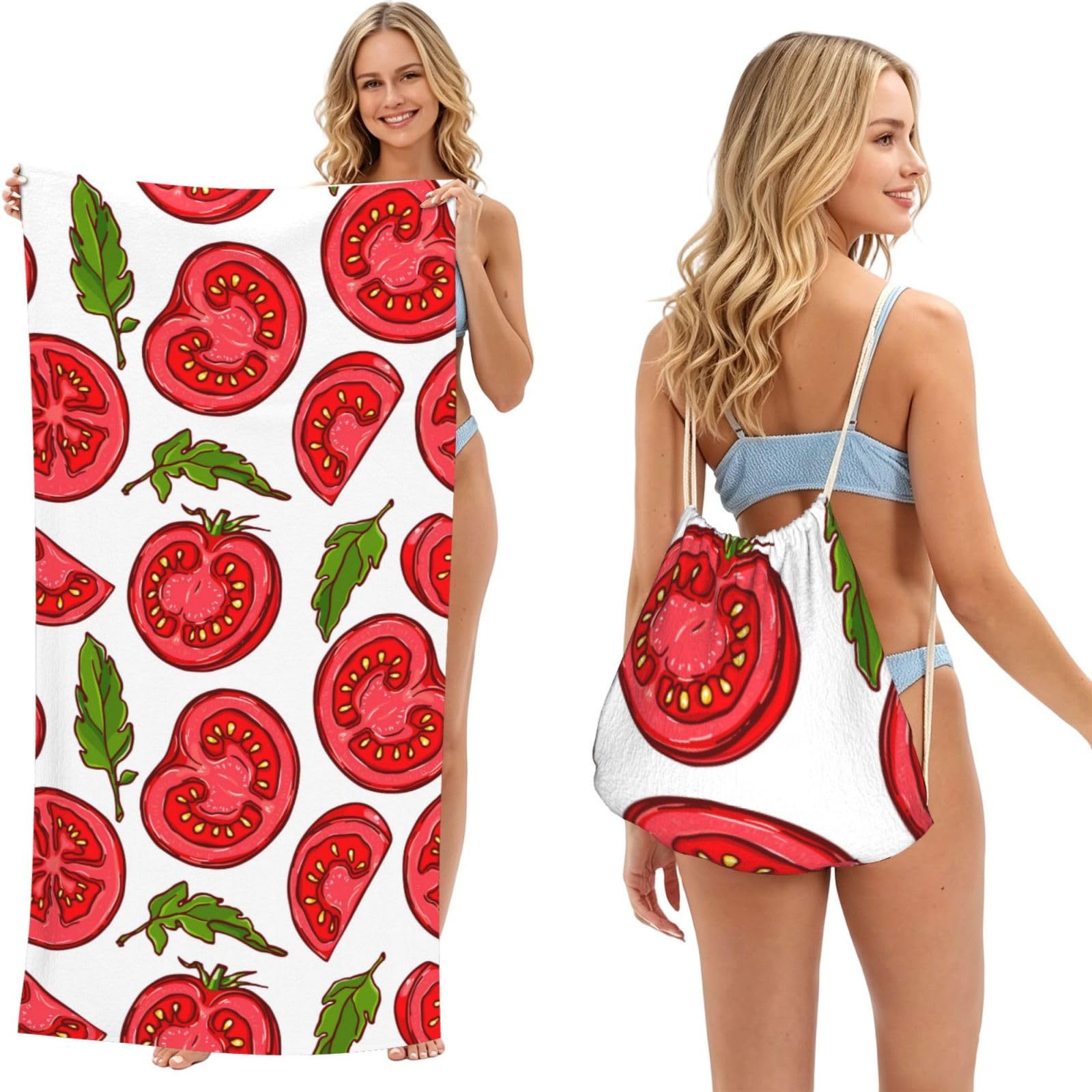 Poadnly As Picture Cartoon Of Tomato Leaves Pattern, 2 In 1 Packable Towel Bag, Beach Towels With Drawstring Backpack For Travel Holiday Camping