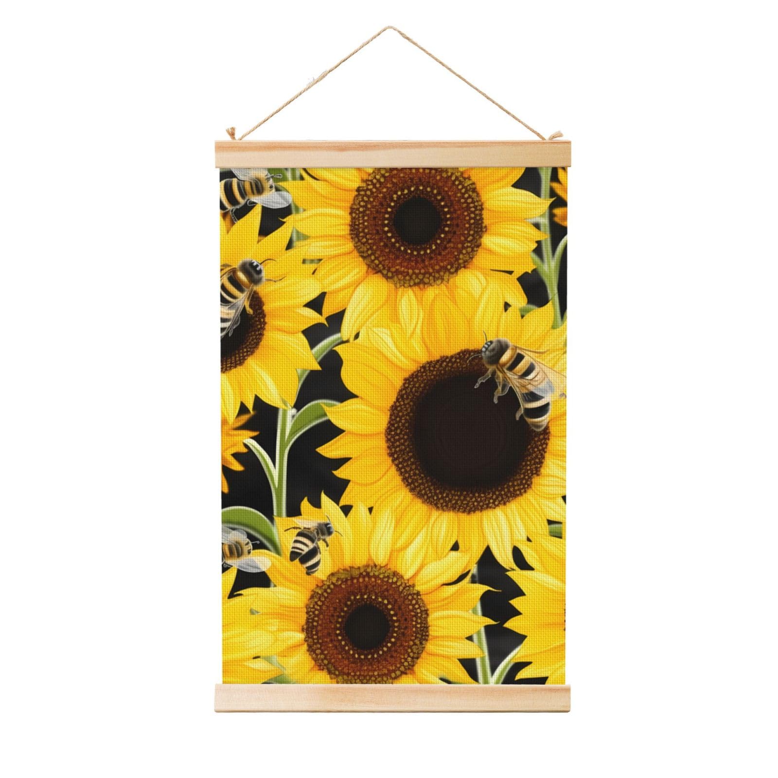 Sunflower Bees Poster Wooden Shaft Hanging Poster Wall Hanging Banner Canvas Artwork with Wood Frames 16"x24" Modern Artwork Decor Ready to Hang Wall Art for Home Decor Scroll Painting