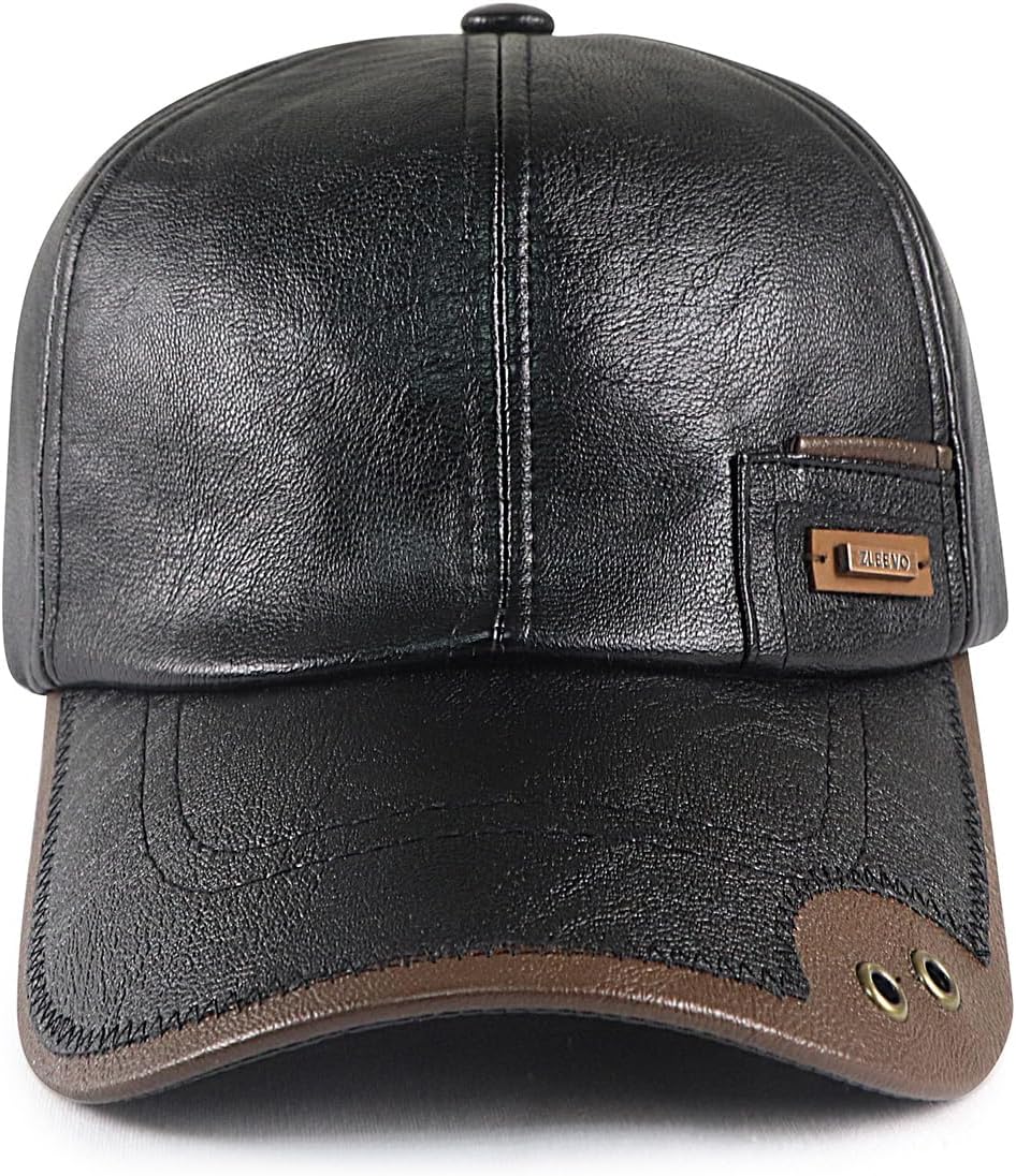 Elwow Men's Warm Pu Leather Baseball Cap Trucker Hat Dad Hat Fishing Hunting Cap with Button Hole Front Design - Image 2