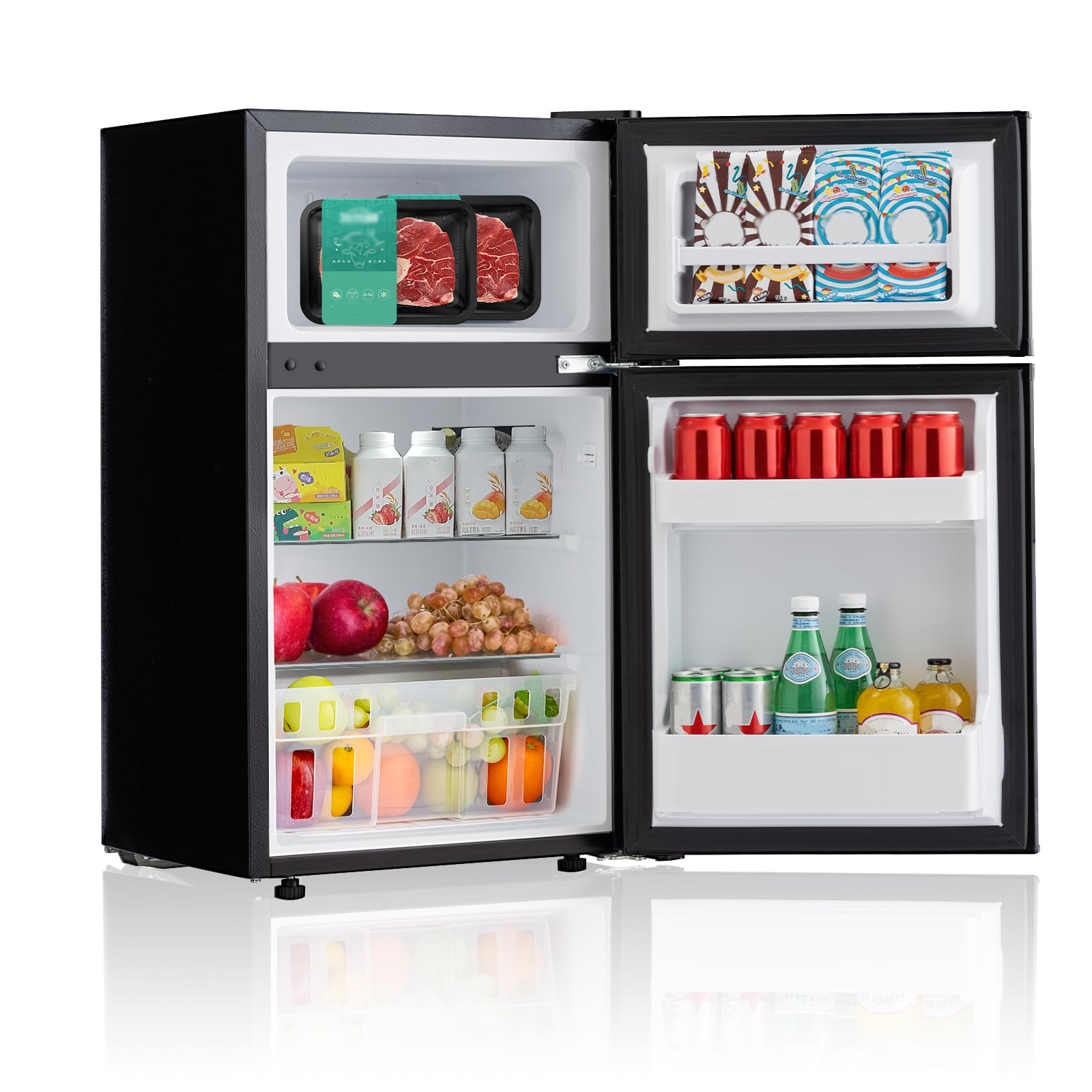 Stopsad 3.2 Cu.Ft Mini Fridge With Freezer, Double Door Small Refrigerator, Dorm Fridge With 3 Adjustable Thermostat, Energy Saving, Low Noise, Compact Refrigerator For Office, Bedroom, Dorm, Black on Fridge.com - View 2