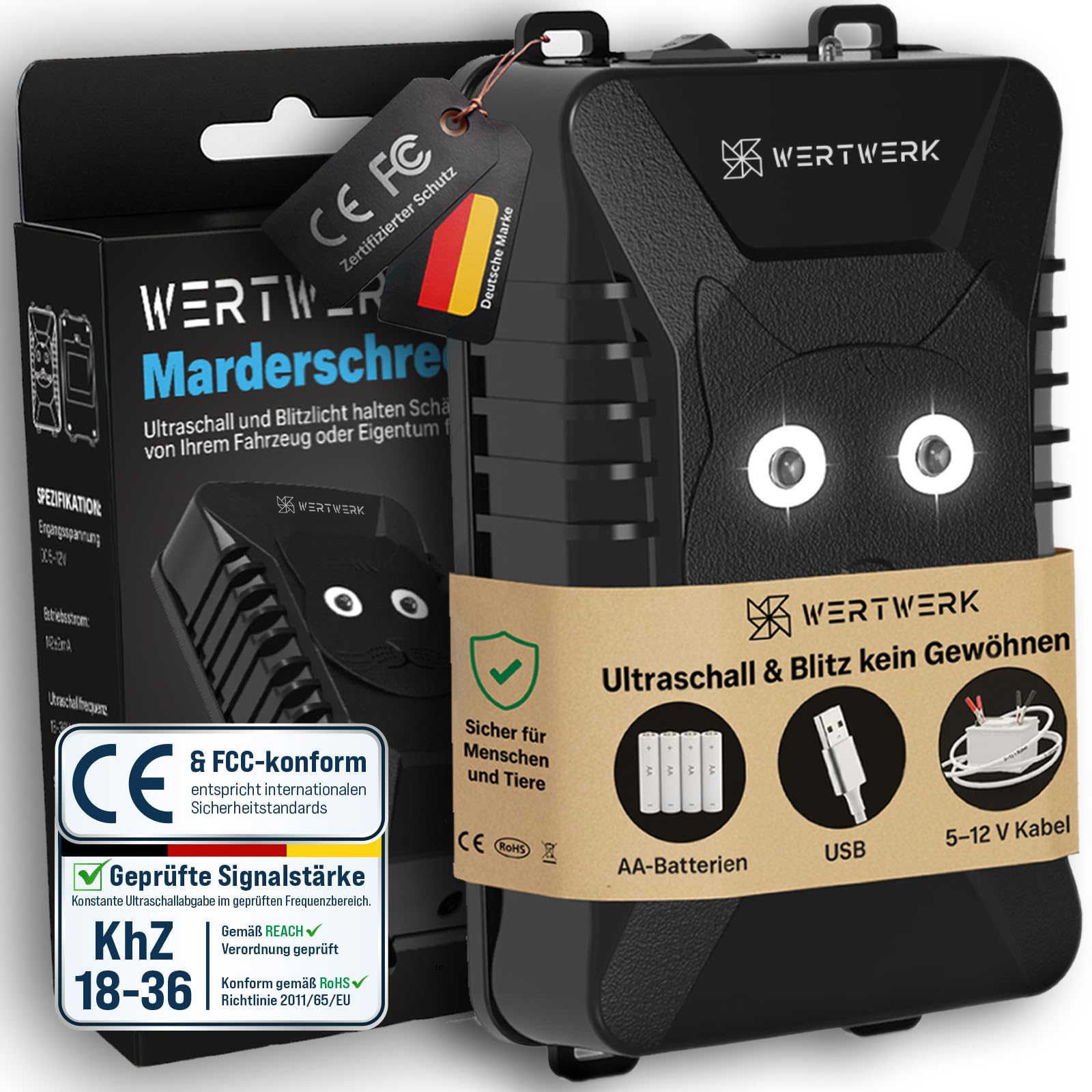 WERTWERK® Marderschreck Auto Batteriebetrieben - Marderschreck Ultraschall & Lichtblitz, Marderabwehr Auto Motorraum, Dachboden, Garage & Haus, flexibel nutzbar mit Netzteil oder AA-Batterien