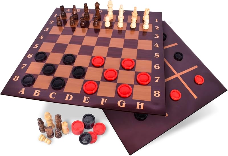 Games 3-in-1 Board Game Set, Chess, Checkers & Tic Tac Toe | Reversible Folding Board, Classic Strategy Fun for All Ages, 2 Players