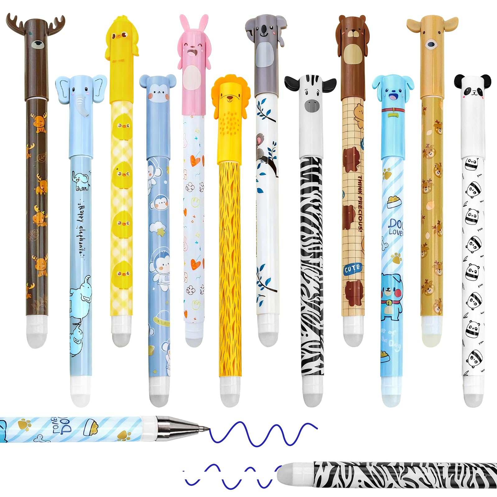 Chersun 12 Pcs Animal Erasable Pens, Rub Out 0.5 mm Blue Eraser Gel Pens, Cute Animal Barrel Designs, Smooth Writing