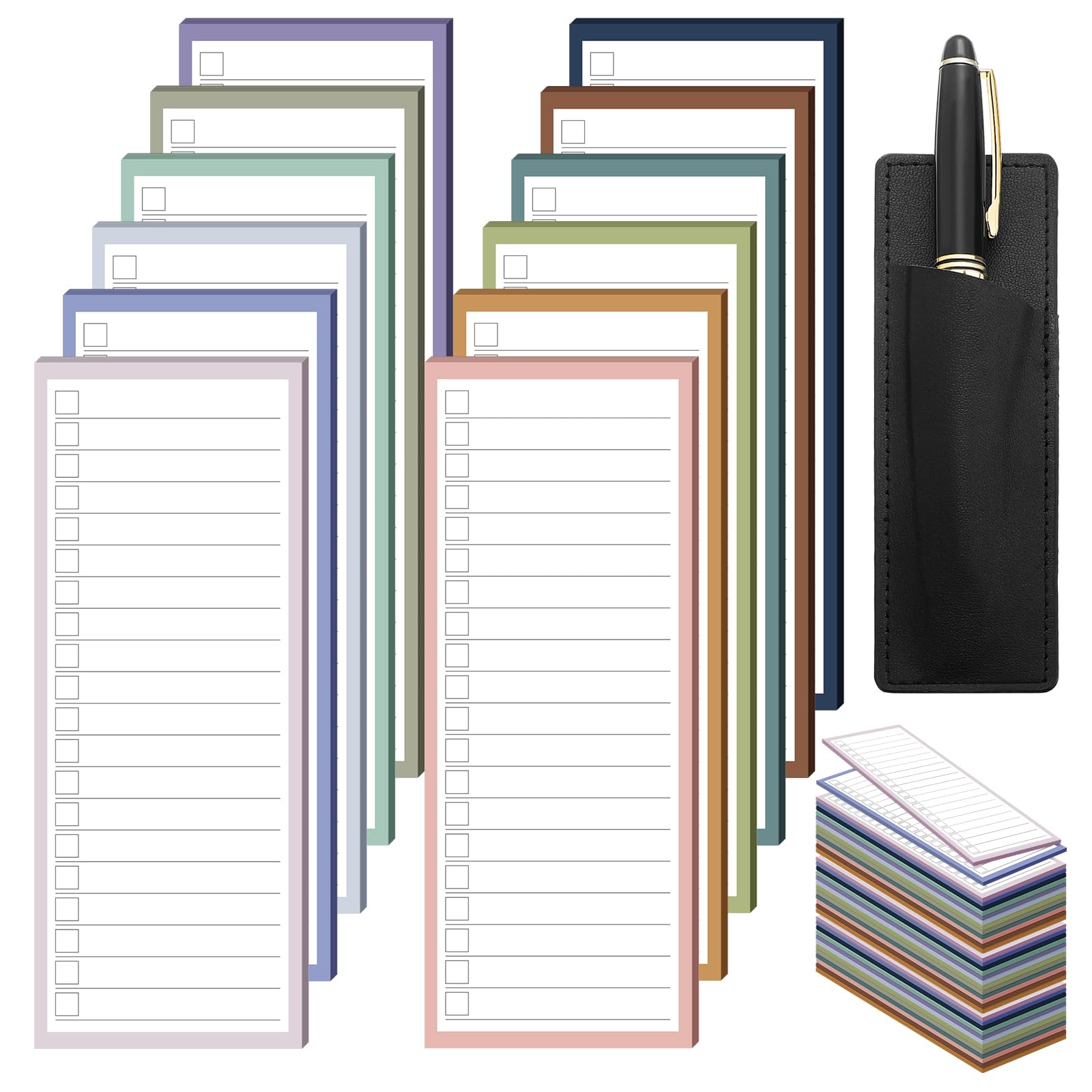 Tellegloww 12 Pack Magnetic Notepads for Refrigerator Grocery List Magnet Pad for Fridge with 1 PU Leather Pen Holder Pastel Color 50 Sheets Per Note