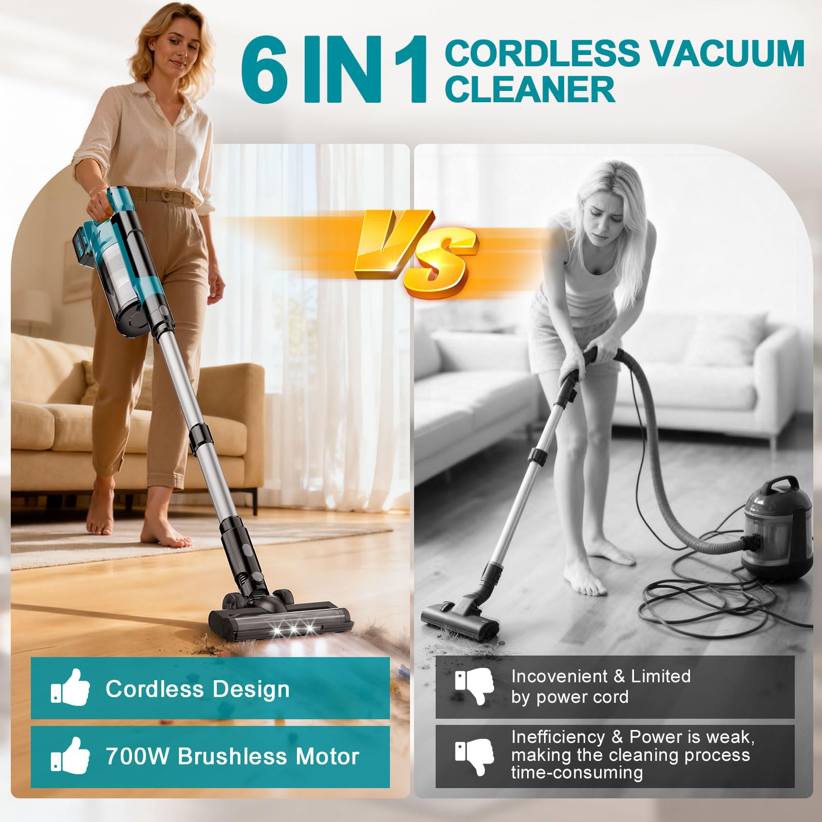 700W/60KPa/70Mins Aspirateur Balai sans Fil Puissant avec 2*4,0Ah Batteries Amovible, avec Rechargeable Support Mural, Brosse Anti-Enchevêtrement, Écran LED, pour Sols Durs/Animaux/Voiture
