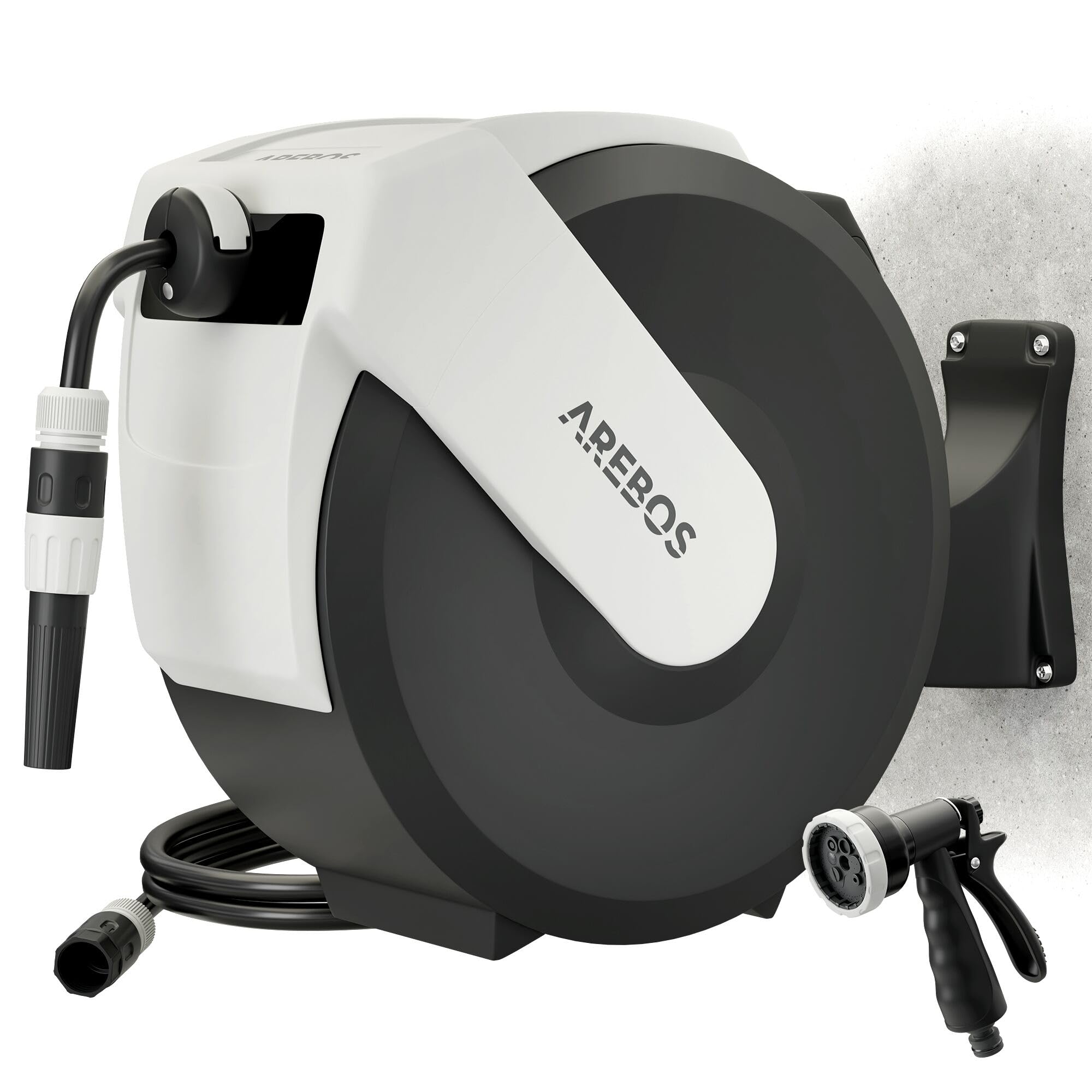 Arebos Automatic Hose Reel 25 m | Wall Mounted Garden Hose Reel with Retractable Multi-Layer Hose | 180° Swivel | Stop Function | 7 Spray Patterns