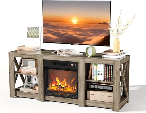 Miniatura 2 de VINGLI Soporte de TV con Chimenea para Televisores de hasta 70 Pulgadas, Centro de Entretenimiento Estilo Granja con Calentador de Chimenea Roble