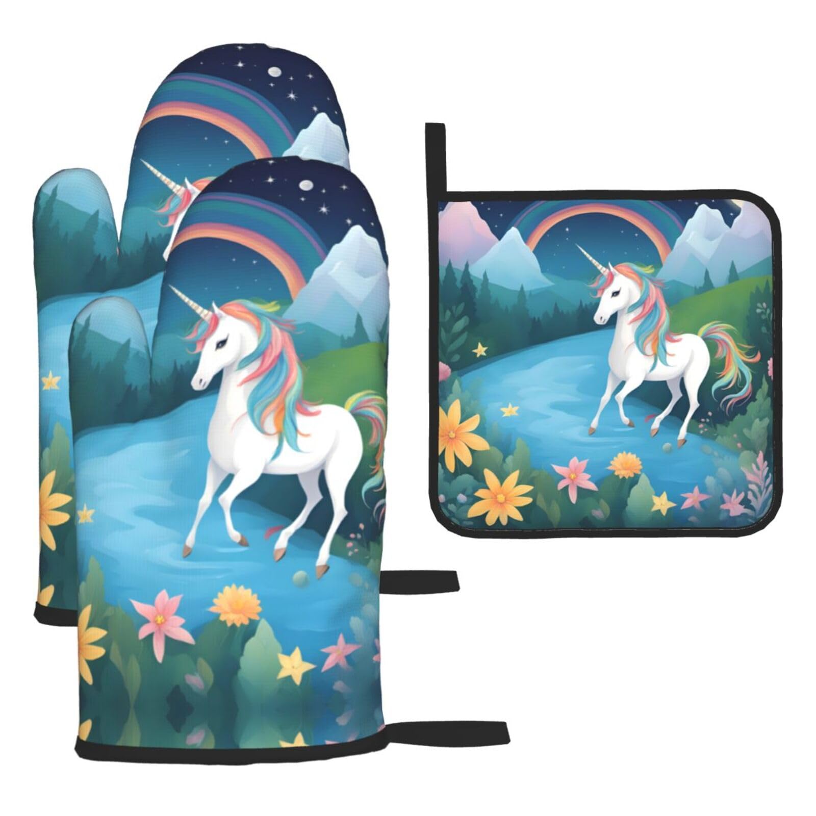 running unicorns Printed Oven Mitt Set 3-Piece | Heat Resistant Gloves & Pot Holder Mat for Cooking, Baking & BBQ