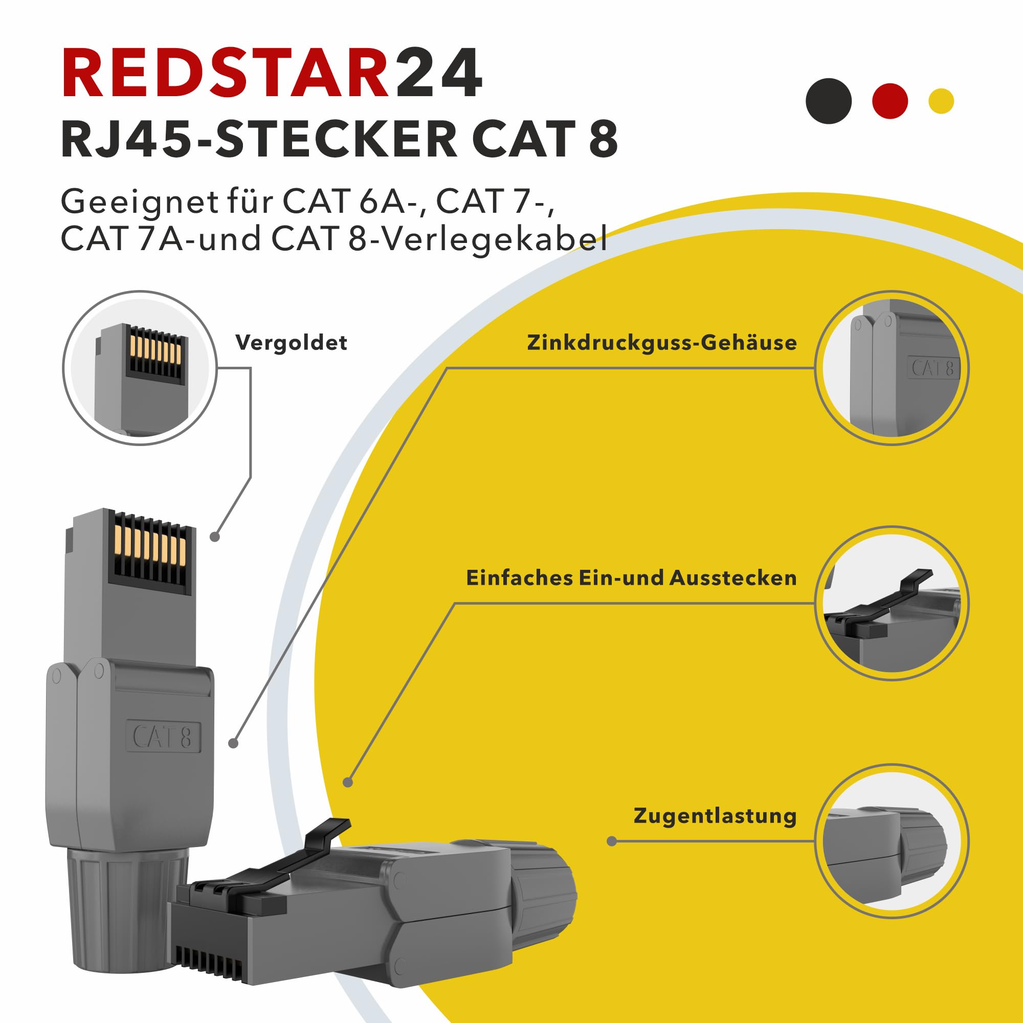 RedStar24 RJ45 Stecker Werkzeuglos CAT 7 CAT 8 Netzwerkstecker für Verlegekabel CAT8 CAT7 CAT6a LSA Feldkonfektionierbarer LAN Crimpstecker Geschirmt bis 40 Gbps 2000MHz 12 Stück