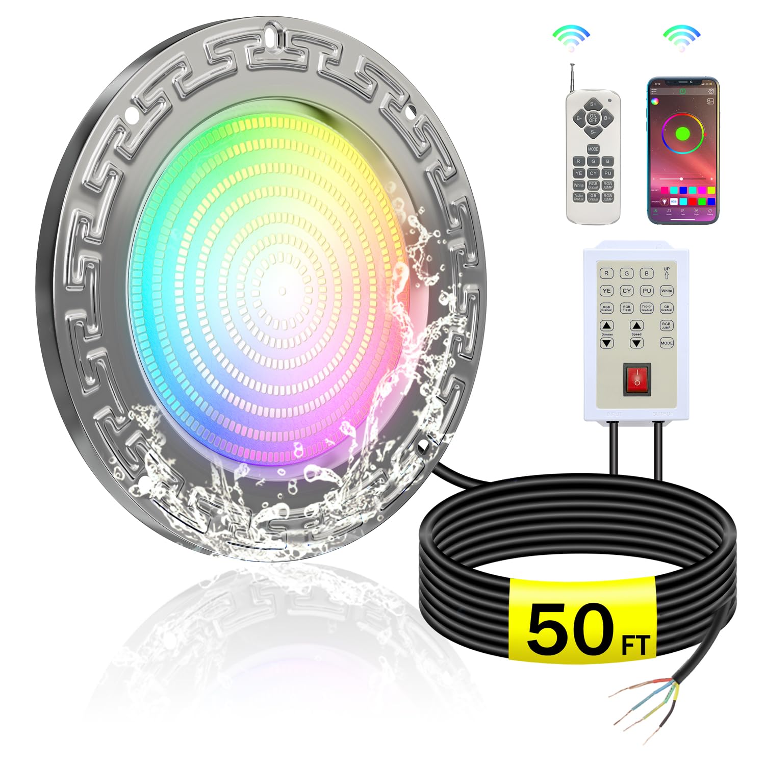 Photo 1 of 10 Inch RGBW LED Pool Light for Inground Pools- 12V Low Voltage 60W IP68 Waterproof Underwater Light, 3-Way Control (Controller/Remote/App), Fits 10" Wet Niches (10 Inch 50 Foot with Controller)