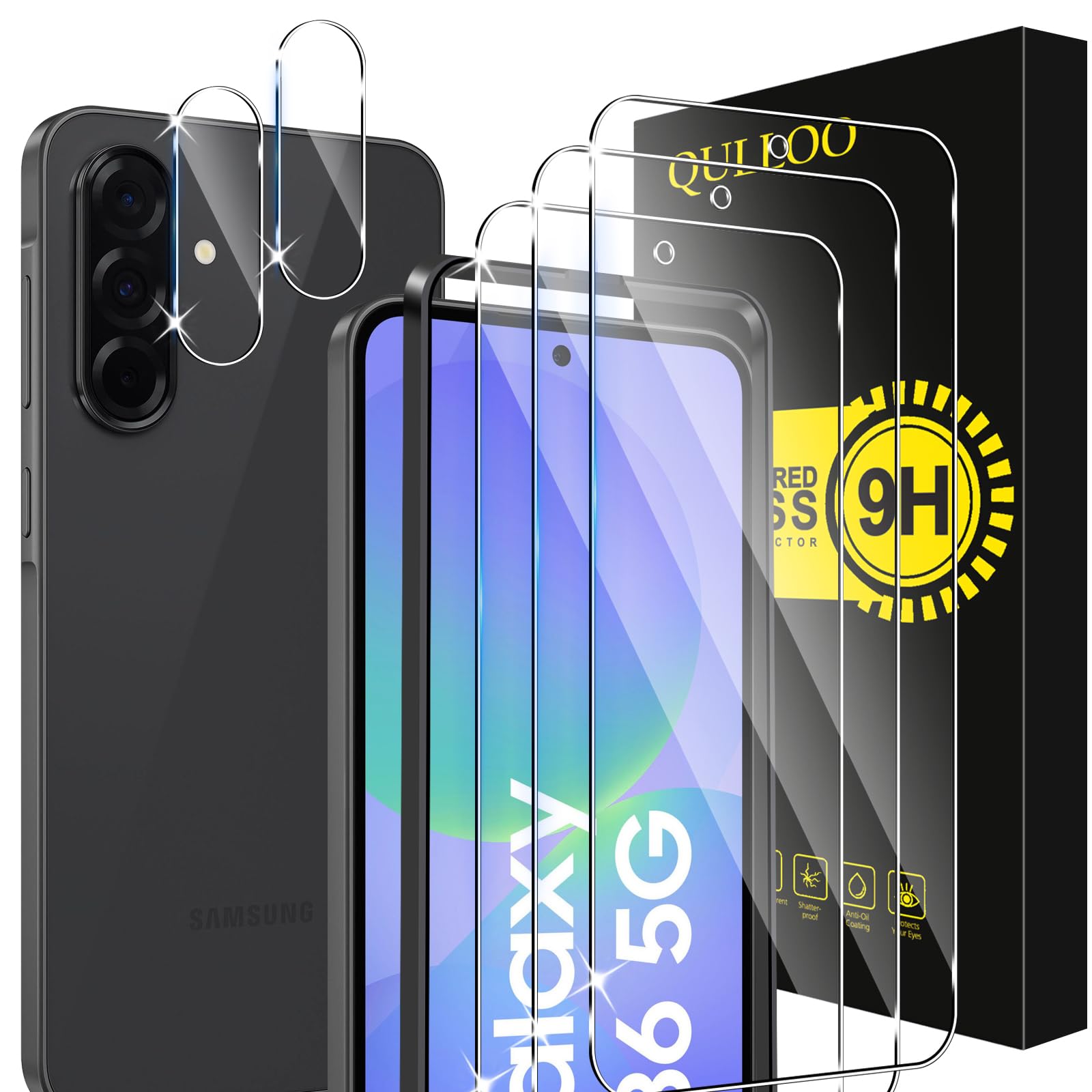 QULLOO Schutzfolie für Samsung Galaxy A36 5G für Panzerglas, 3 Stück Displayschutzfolie mit 2 Stück Kameraschutz für Samsung A 36 5G, 9H Härte Gehärtetes Glas HD Klar Schutzglas Anti-Kratzen Folie